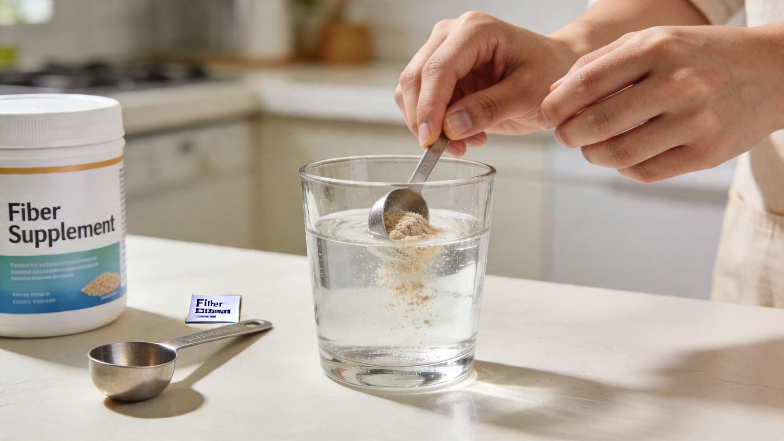 A person pouring a scoop of powdered fiber supplement into a clear glass of water.