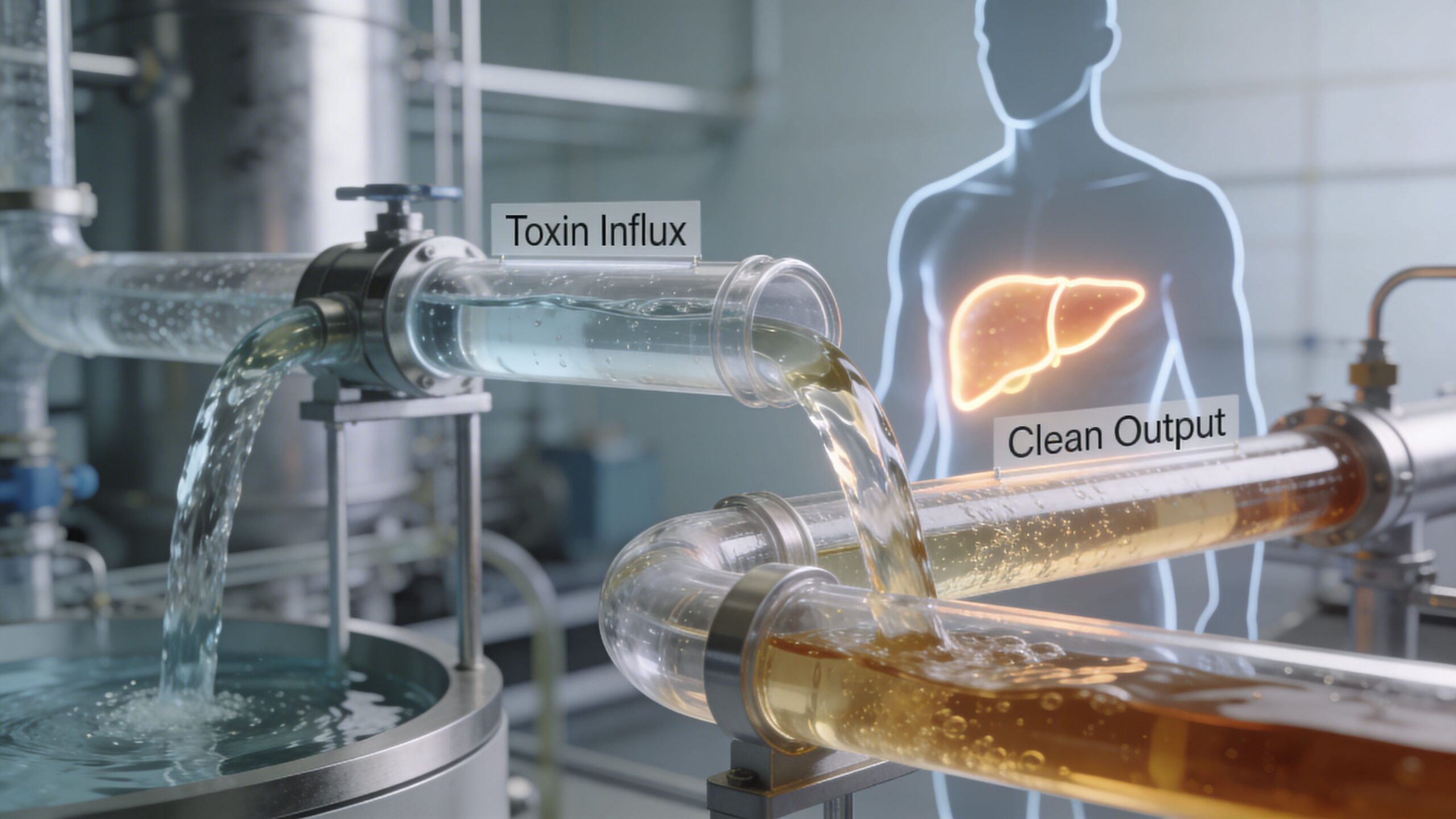 A visual metaphor of a liver processing toxins shown as flowing liquids through transparent pipes and machinery.