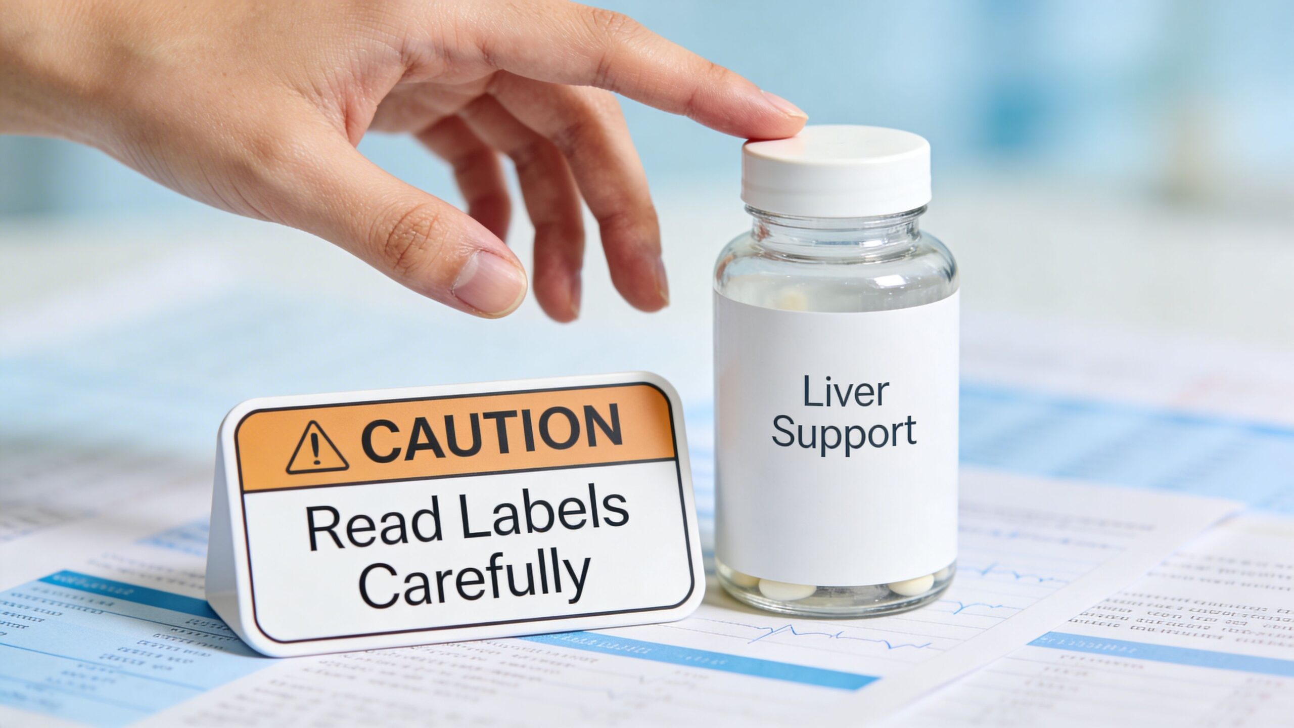 A hand touches a bottle of liver support supplements next to a caution sign about reading labels.