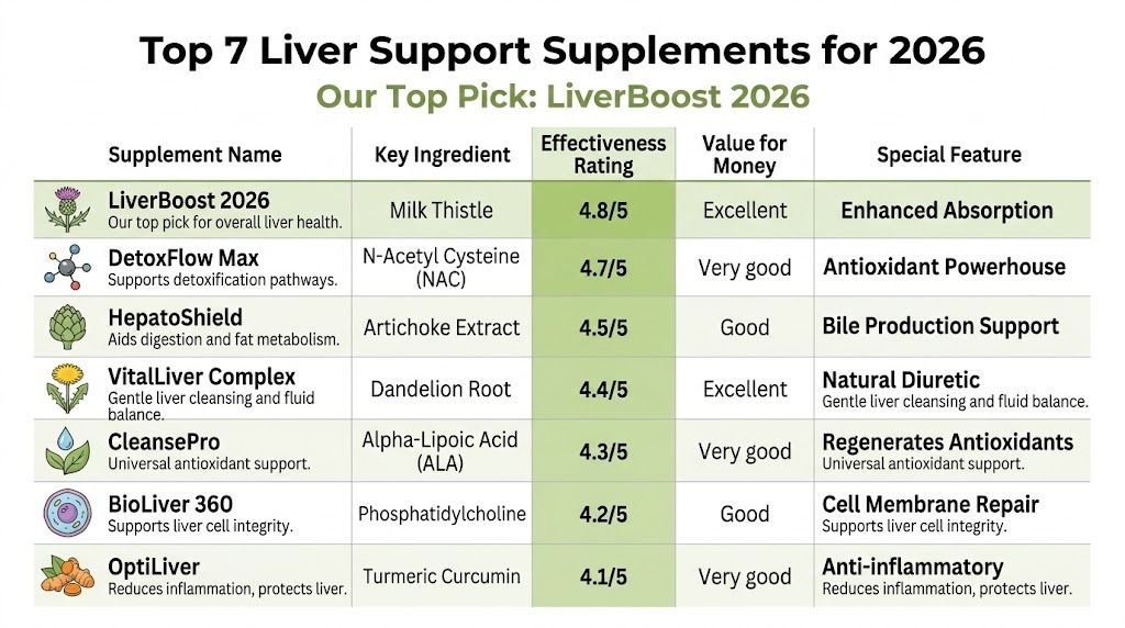 A comparison table showcasing the top 7 liver support supplements of 2026 with their ratings and features.