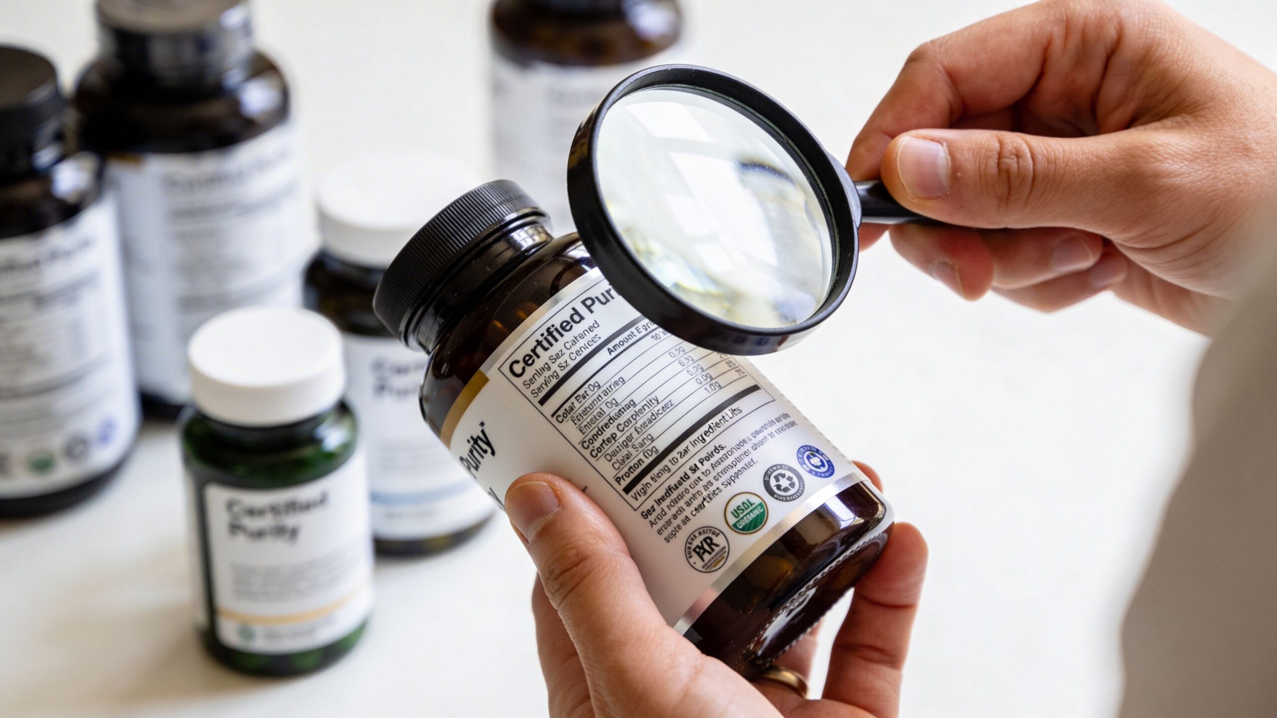 A person holds a bottle of supplement, using a magnifying glass to carefully read the nutritional label.