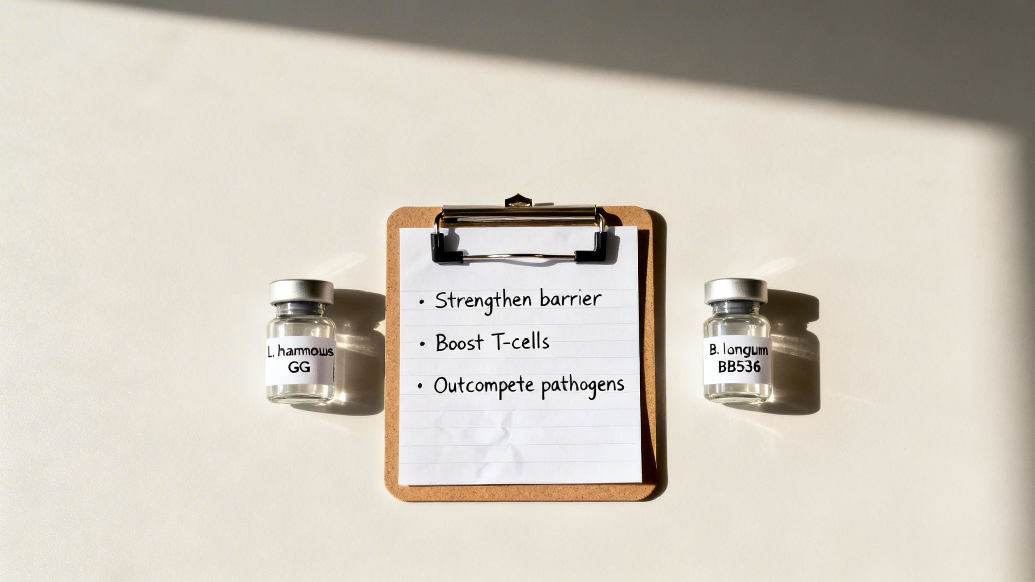 Vials of L. rhamnous GG and B. longum BB536 probiotics with a clipboard outlining immune benefits.