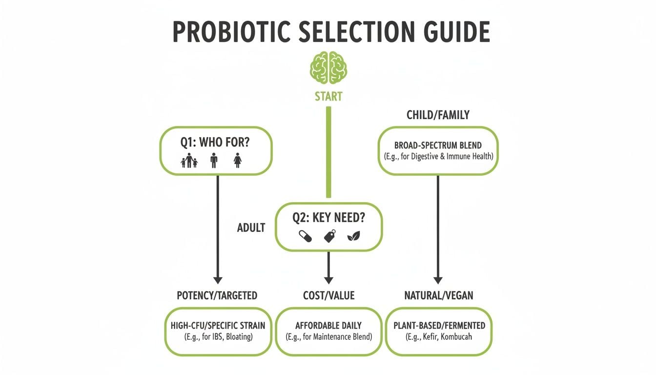 Flowchart guiding probiotic selection based on user and key need, from child/family to adult.