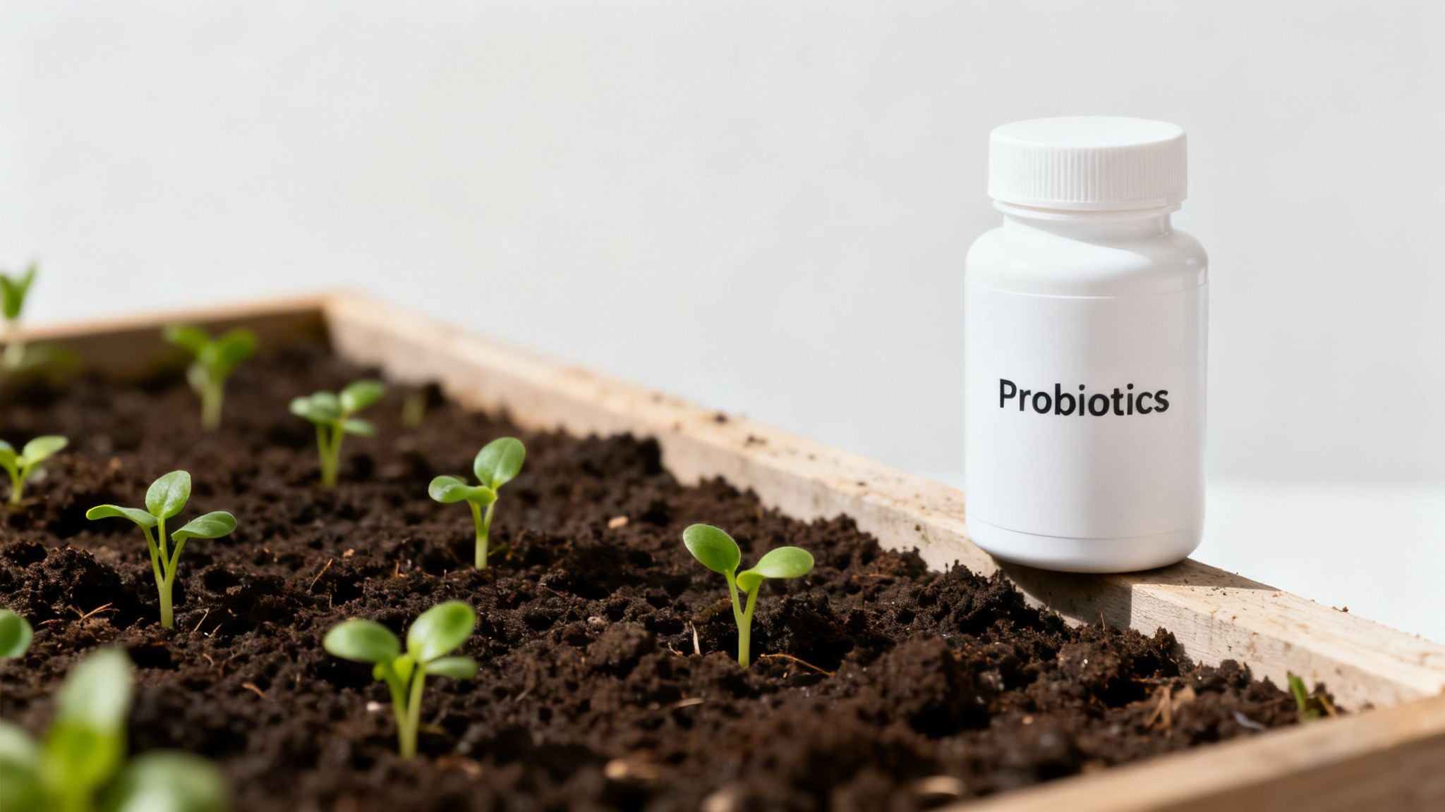 A white bottle labeled 'Probiotics' sits next to a wooden planter box with young green seedlings in soil.