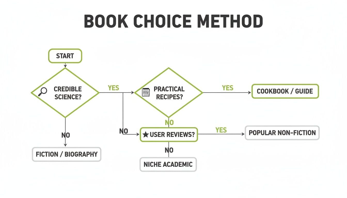 Flowchart illustrating a book choice method based on scientific credibility, recipes, and user reviews.