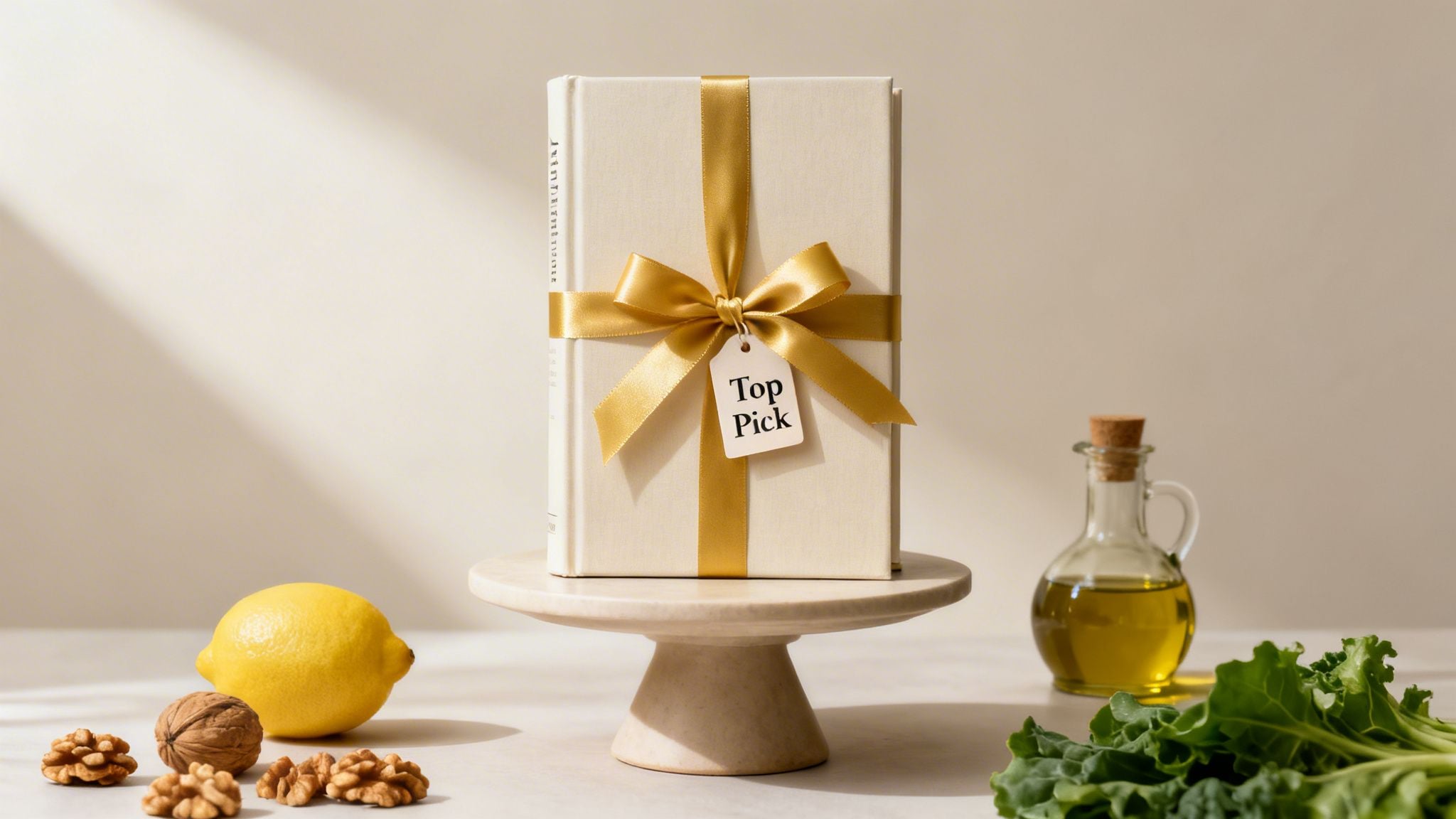 A white book with a gold ribbon and 'Top Pick' tag on a stand, surrounded by lemon, walnuts, olive oil, and green vegetables.