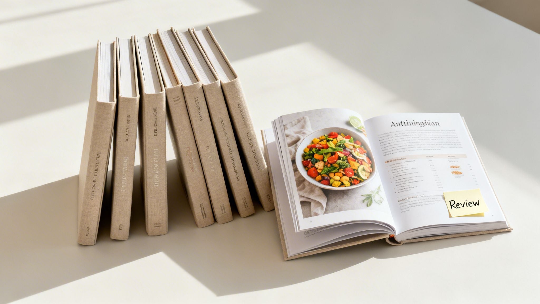 Open cookbook showing an anti-inflammatory food recipe with colorful salad, next to a stack of books and a 'Review' note.