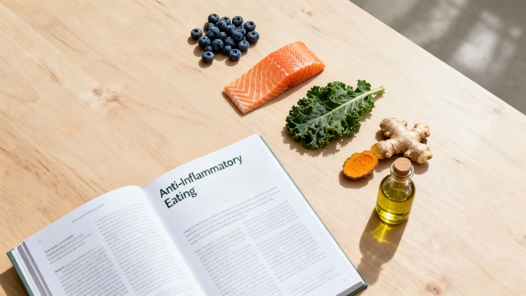 Salmon, blueberries, kale, ginger, turmeric, olive oil, and an anti-inflammatory eating book on wood.
