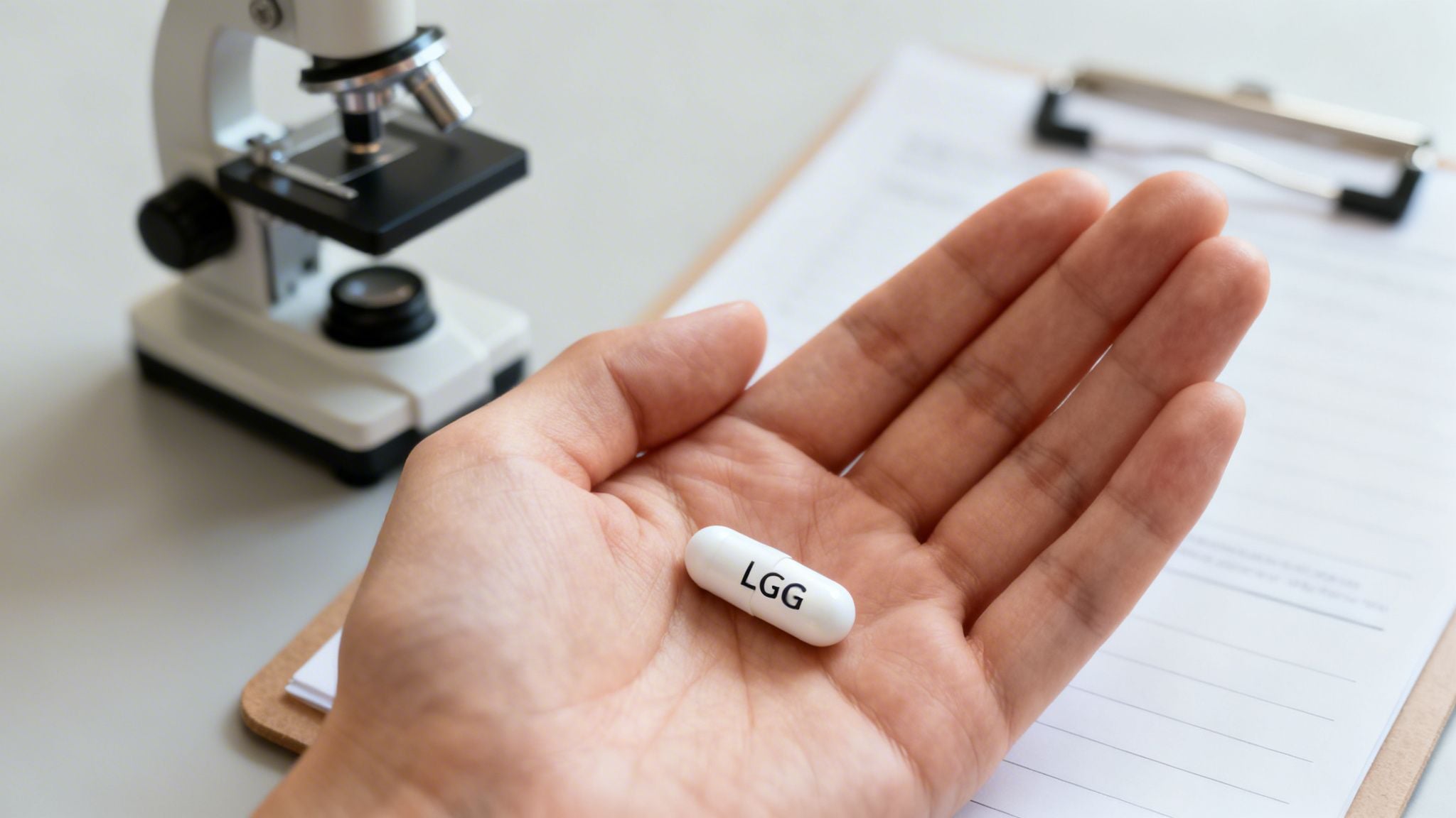 A hand holds a white LGG probiotic capsule, with a microscope and medical form in the background.