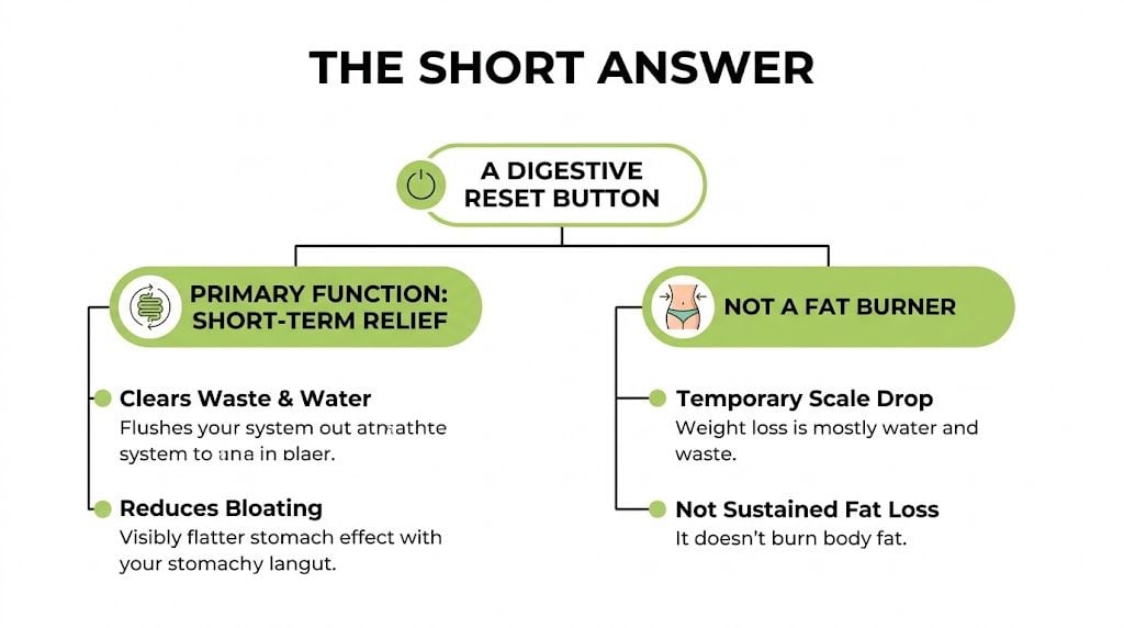 A flowchart explaining that a digestive reset product provides short-term relief rather than actual fat burning.