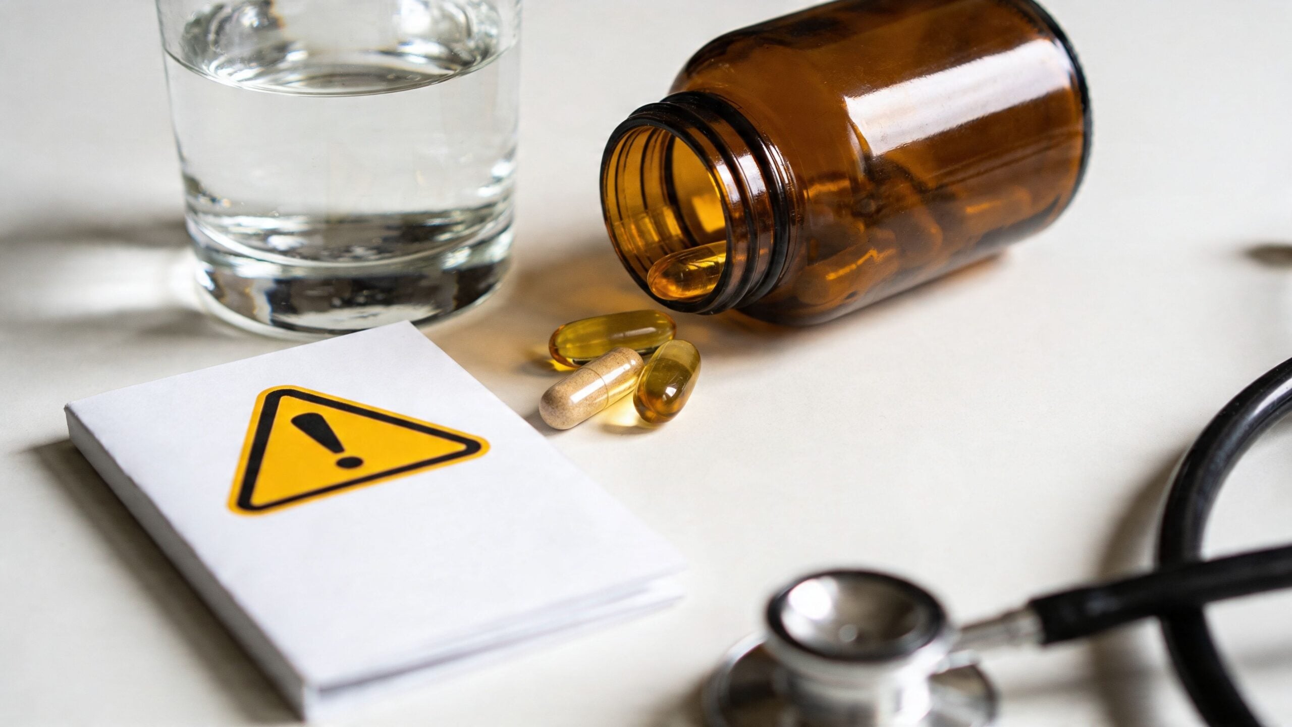 A glass of water, medicine bottle, pills, a warning sign, and a medical stethoscope on table.
