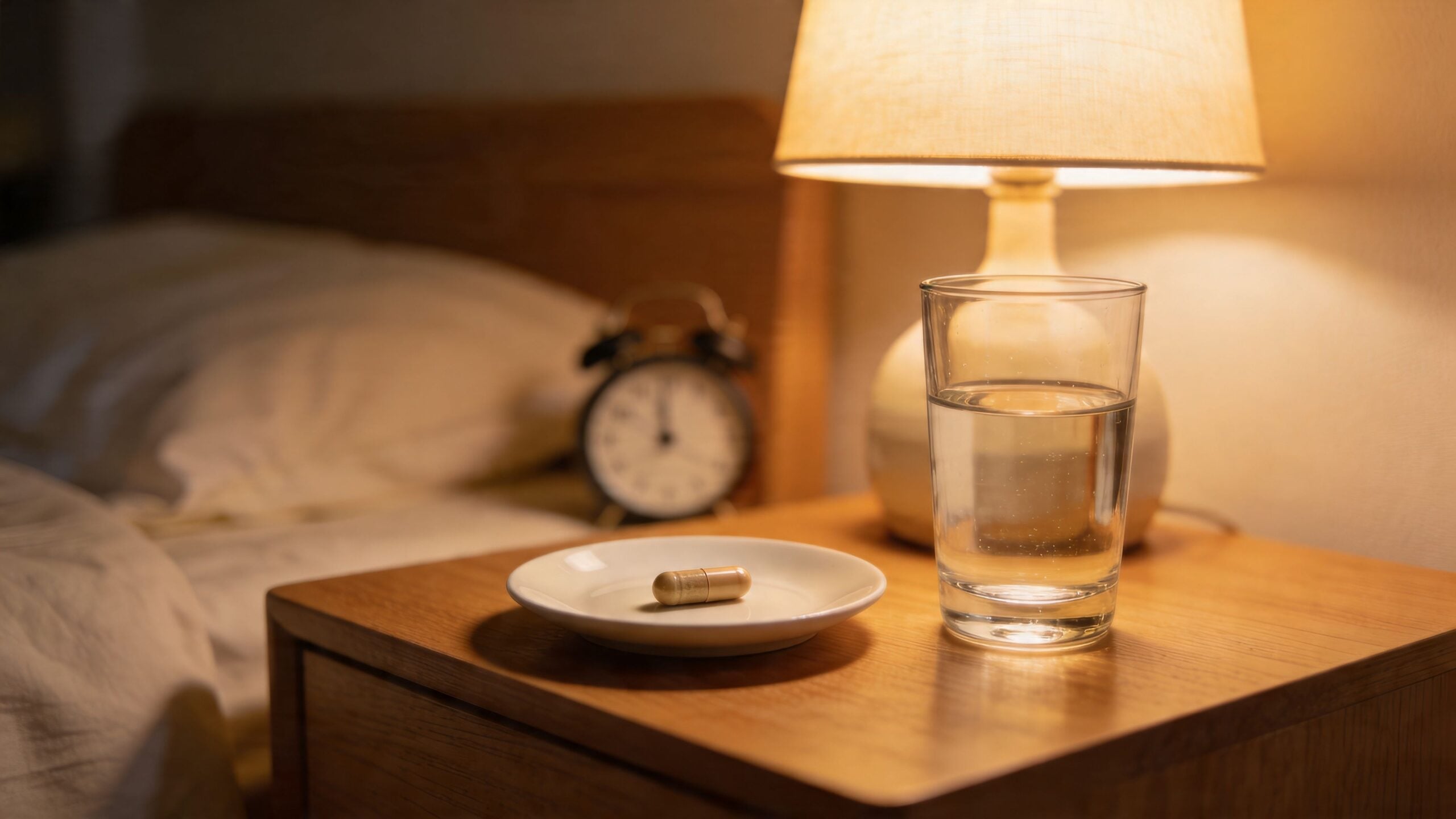 A capsule pill on a small white plate next to a glass of water on a bedside table.