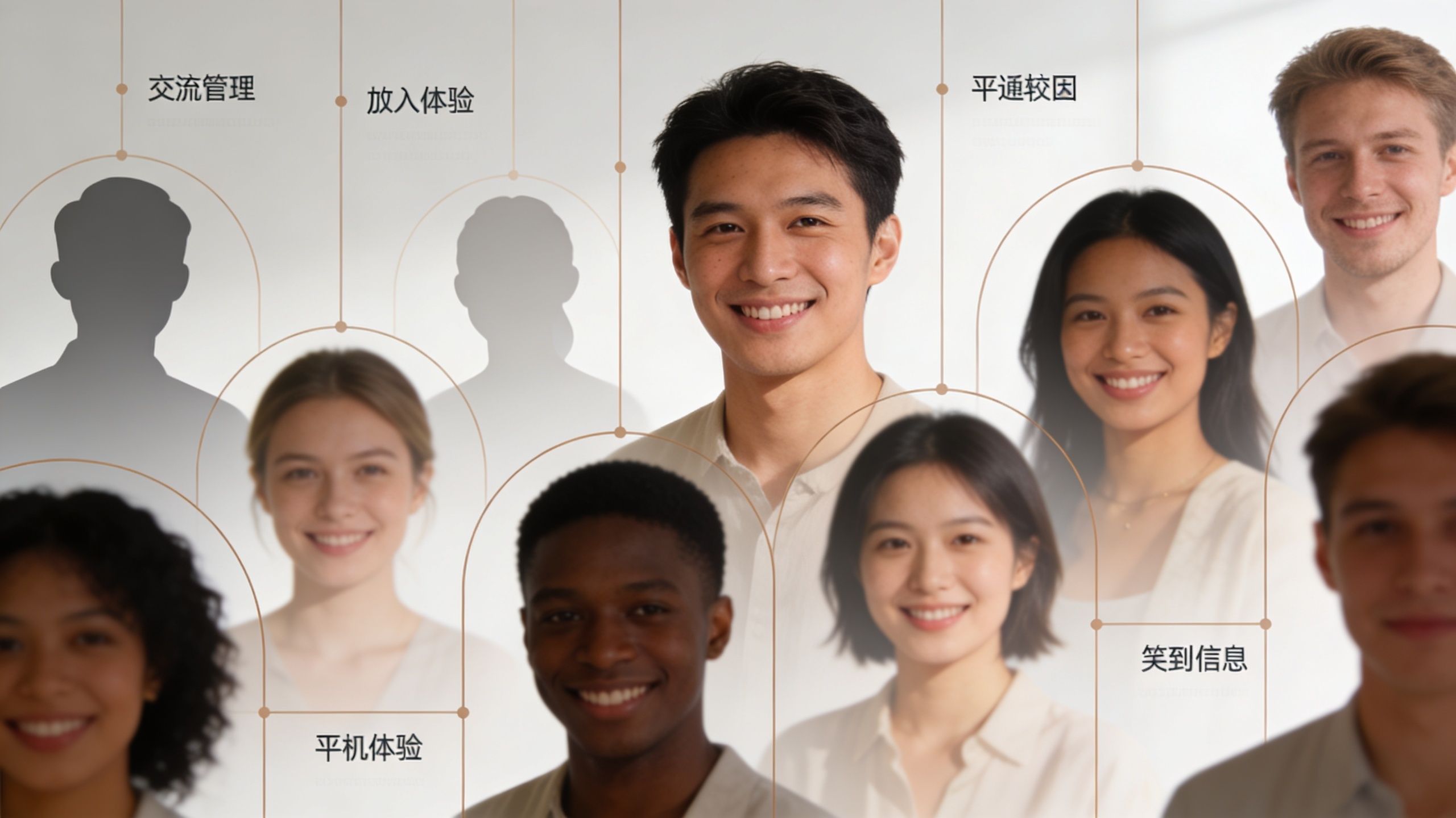 A diverse group of smiling professionals connected by digital lines in a modern business network concept.