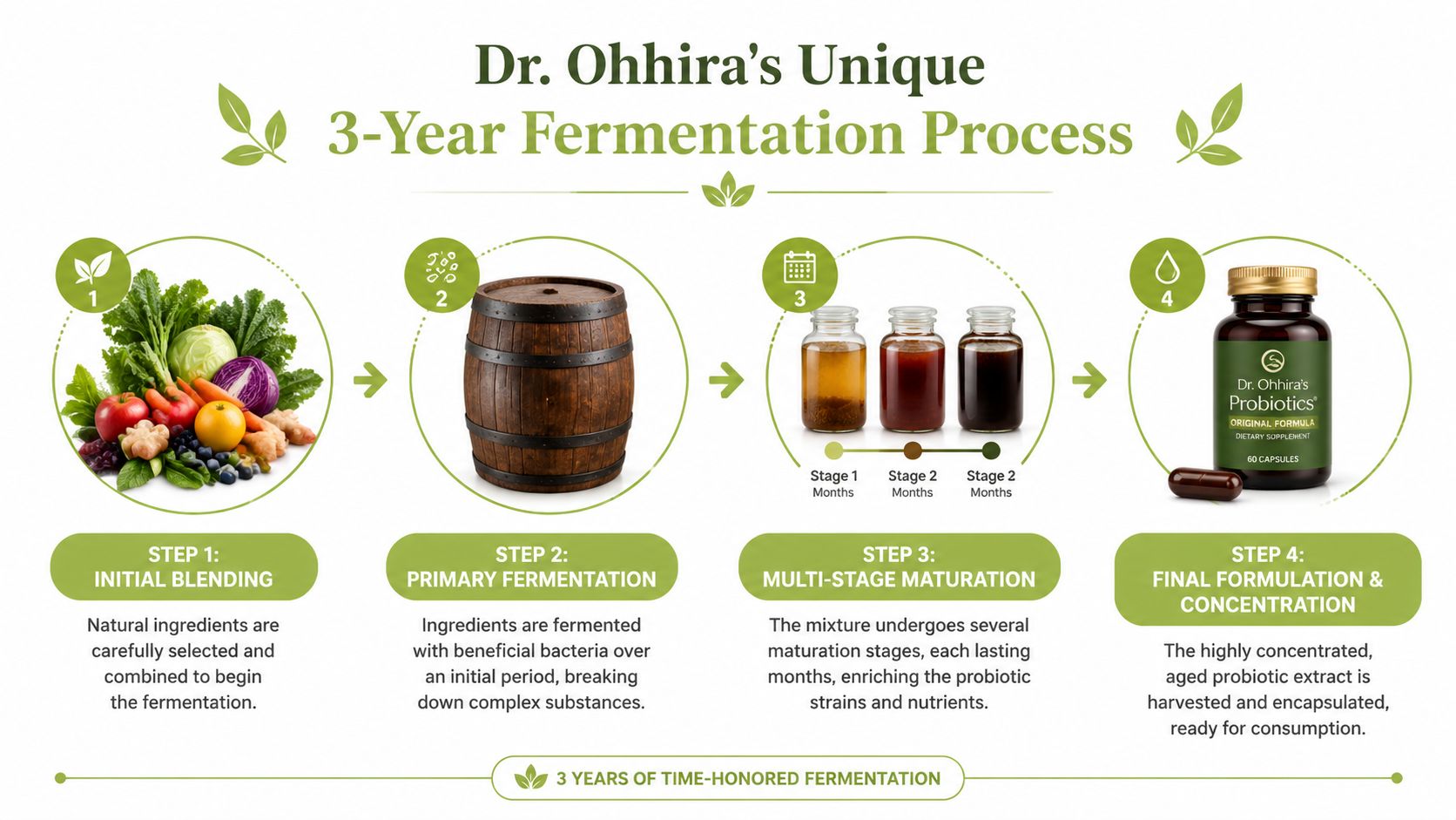 An infographic detailing the four steps of Dr. Ohhira's unique three-year probiotic fermentation and maturation process.