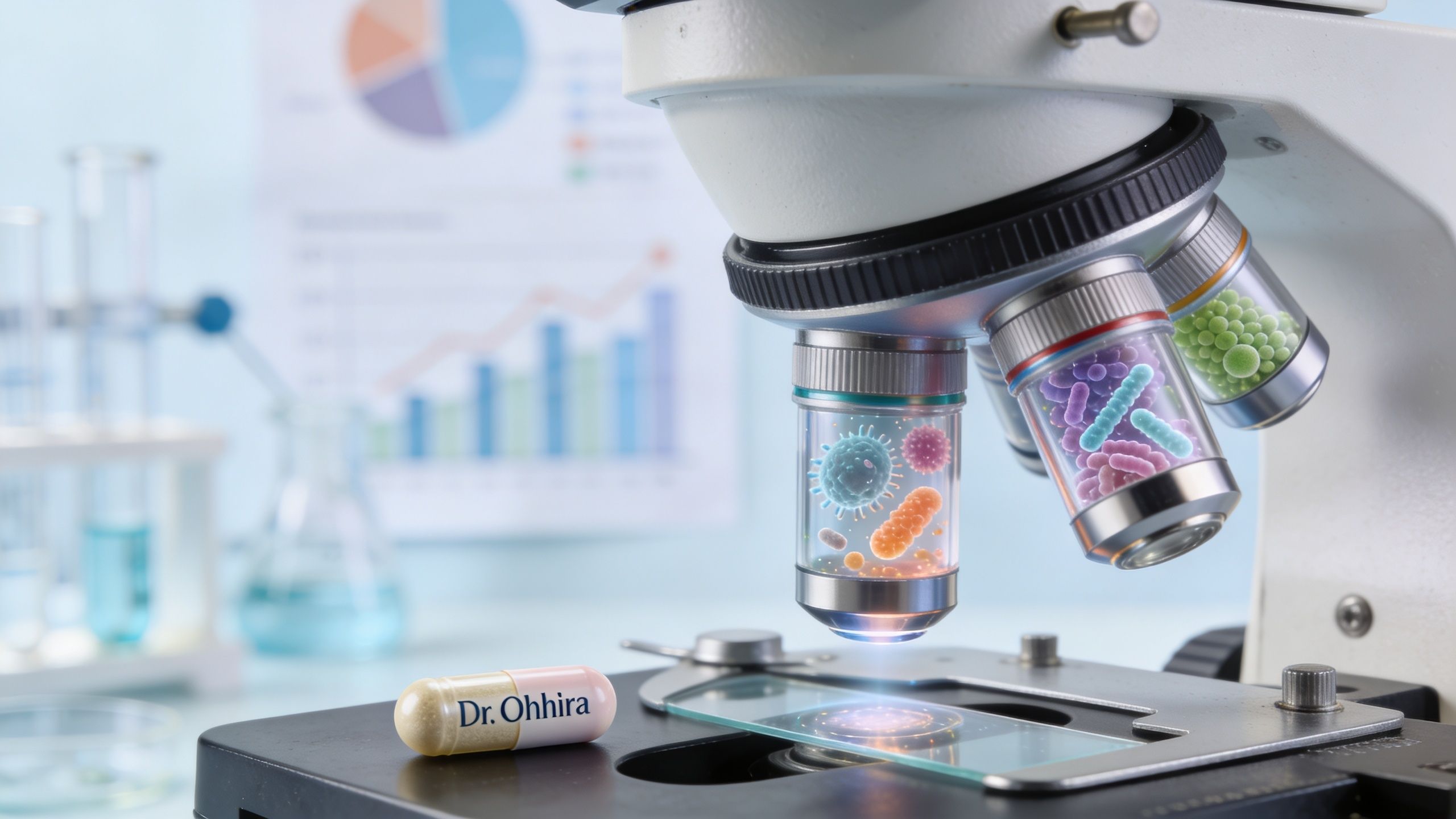 A microscope with microscopic biological samples shown inside the lenses sitting next to a probiotic capsule.