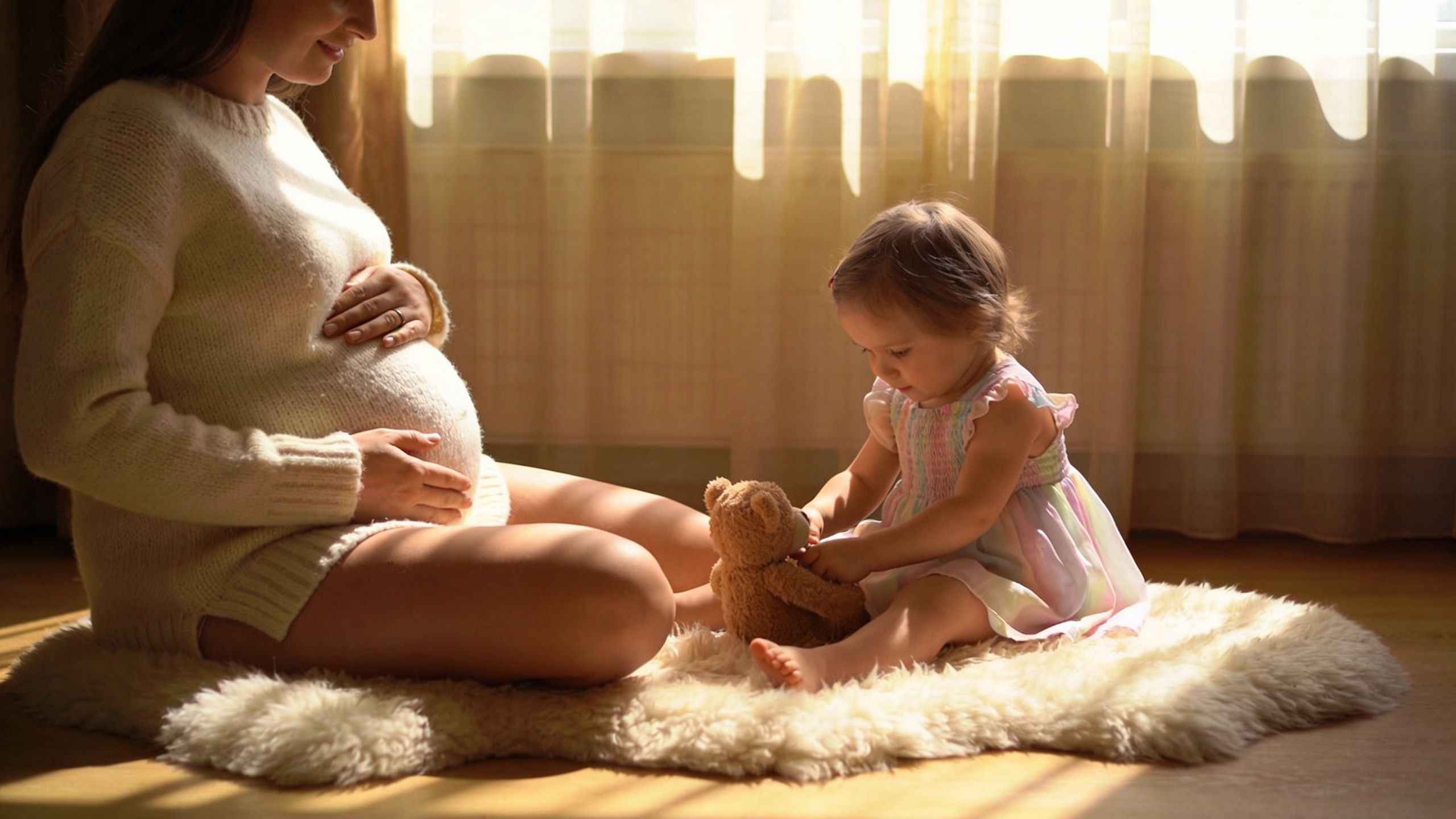 A pregnant woman sitting on a rug with her toddler daughter playing with a teddy bear indoors.