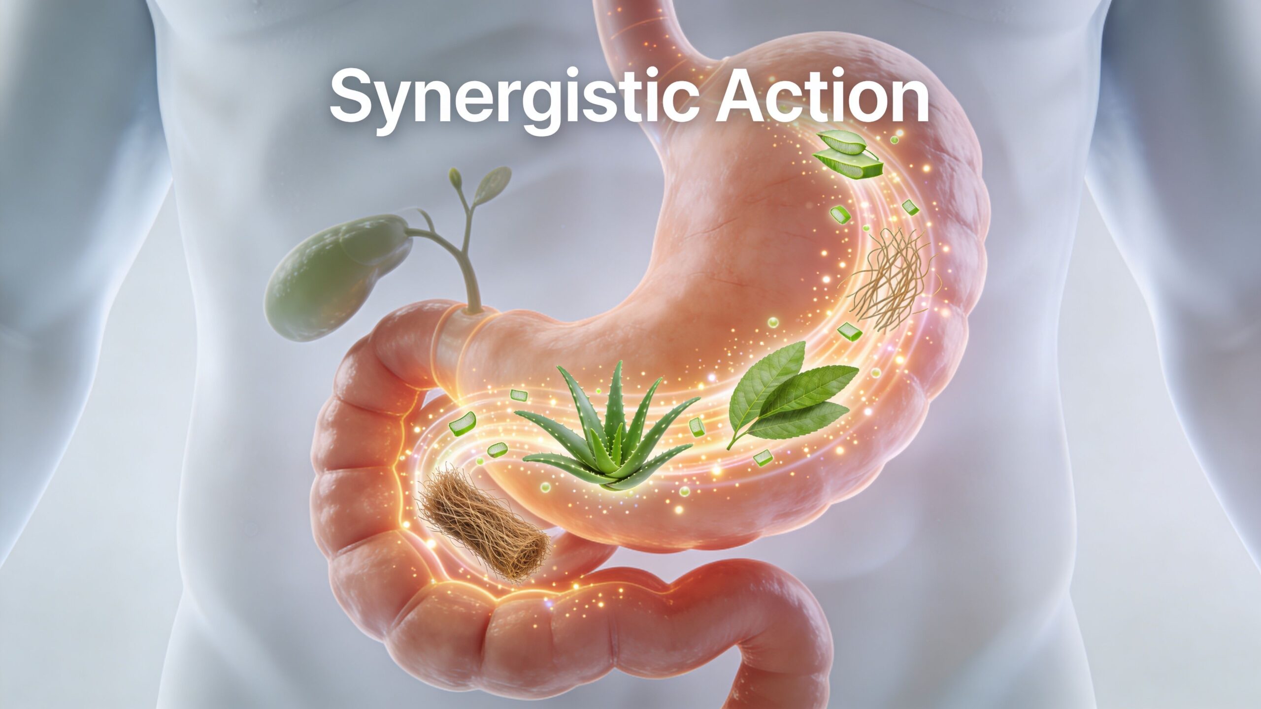 A 3D medical illustration showing a human digestive system with natural plant ingredients and synergistic energy flow.