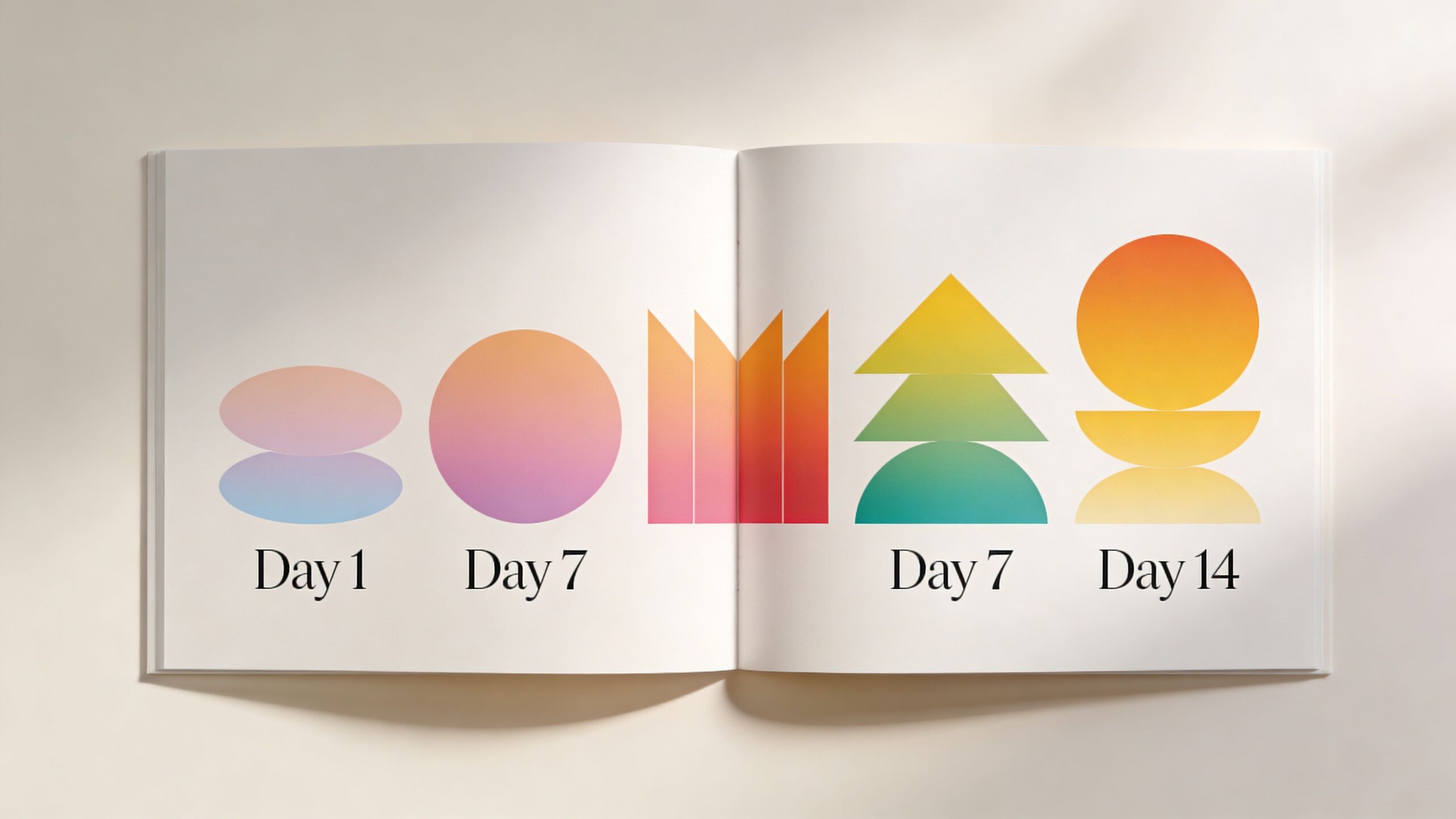 An open book displays a visual timeline showing geometric shapes representing a 14-day health cleanse process.