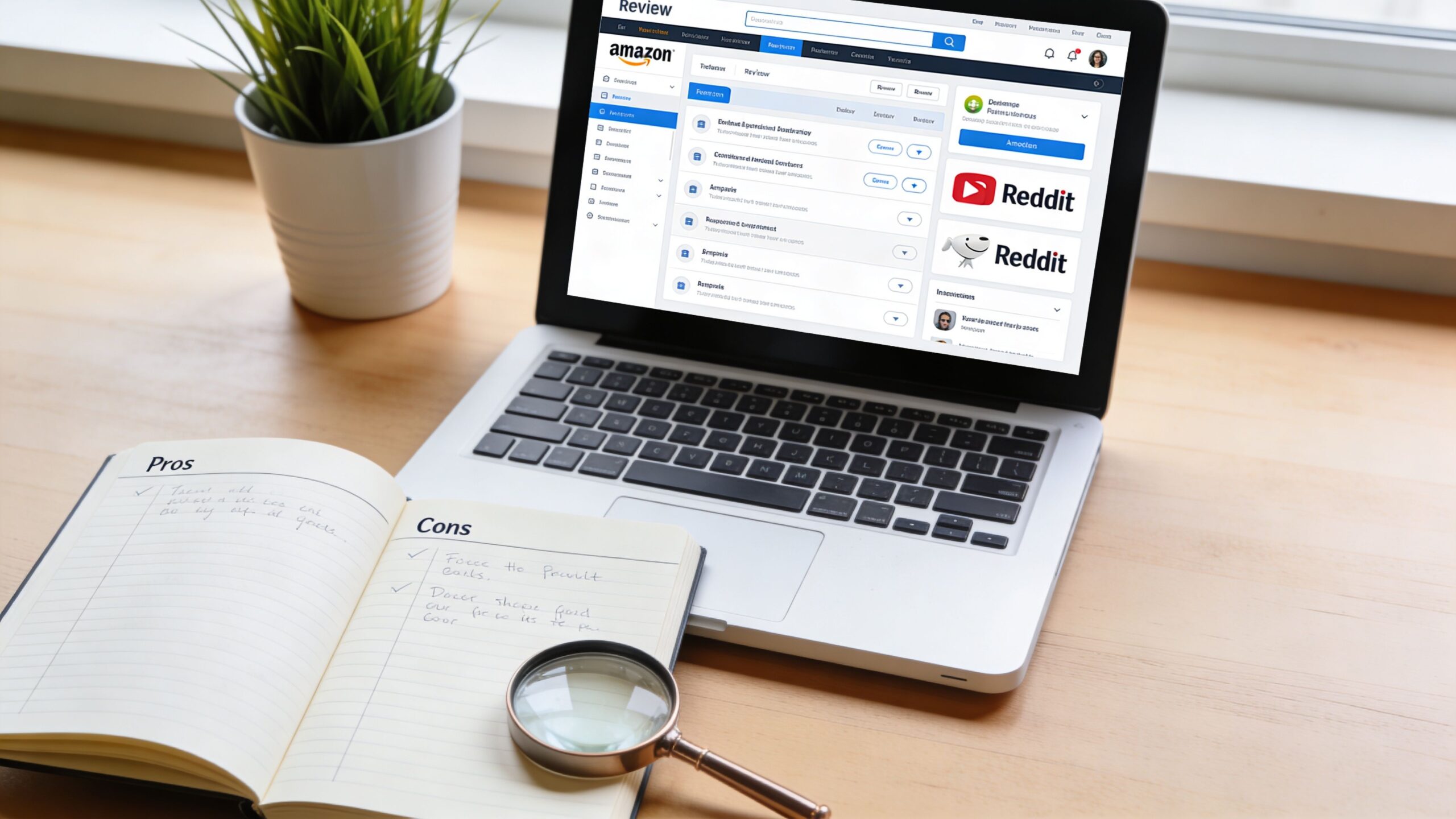 A laptop showing an Amazon review page next to a notebook with handwritten pros and cons.