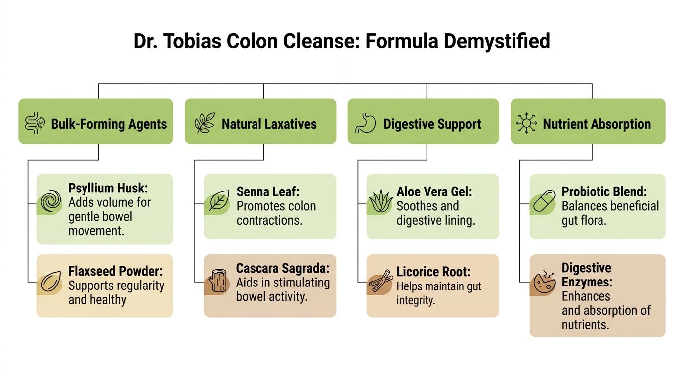 An infographic titled Dr. Tobias Colon Cleanse explaining the formula, listing natural ingredients for digestive and colon health.