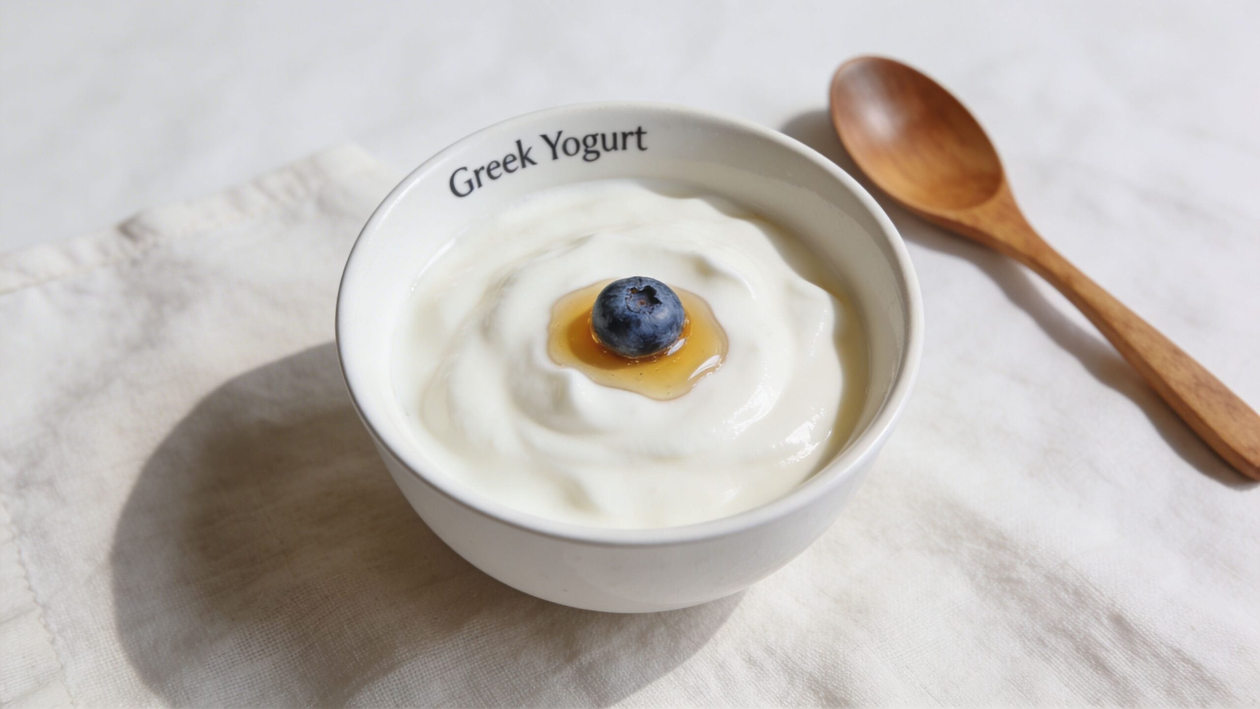 A white bowl of creamy Greek yogurt topped with honey and a fresh blueberry, with a wooden spoon.