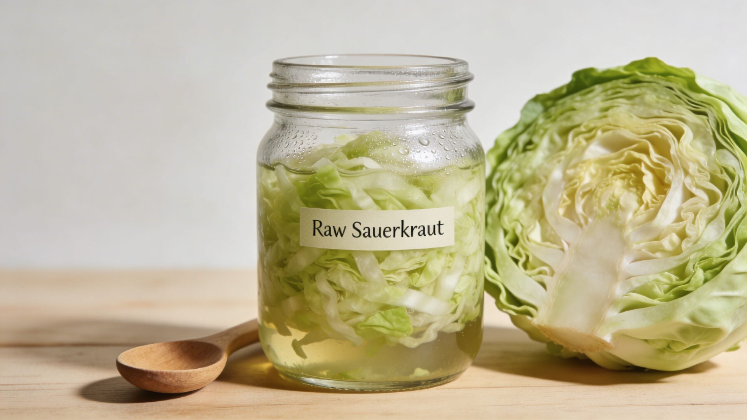 A glass jar filled with raw fermented sauerkraut next to a fresh head of green cabbage.