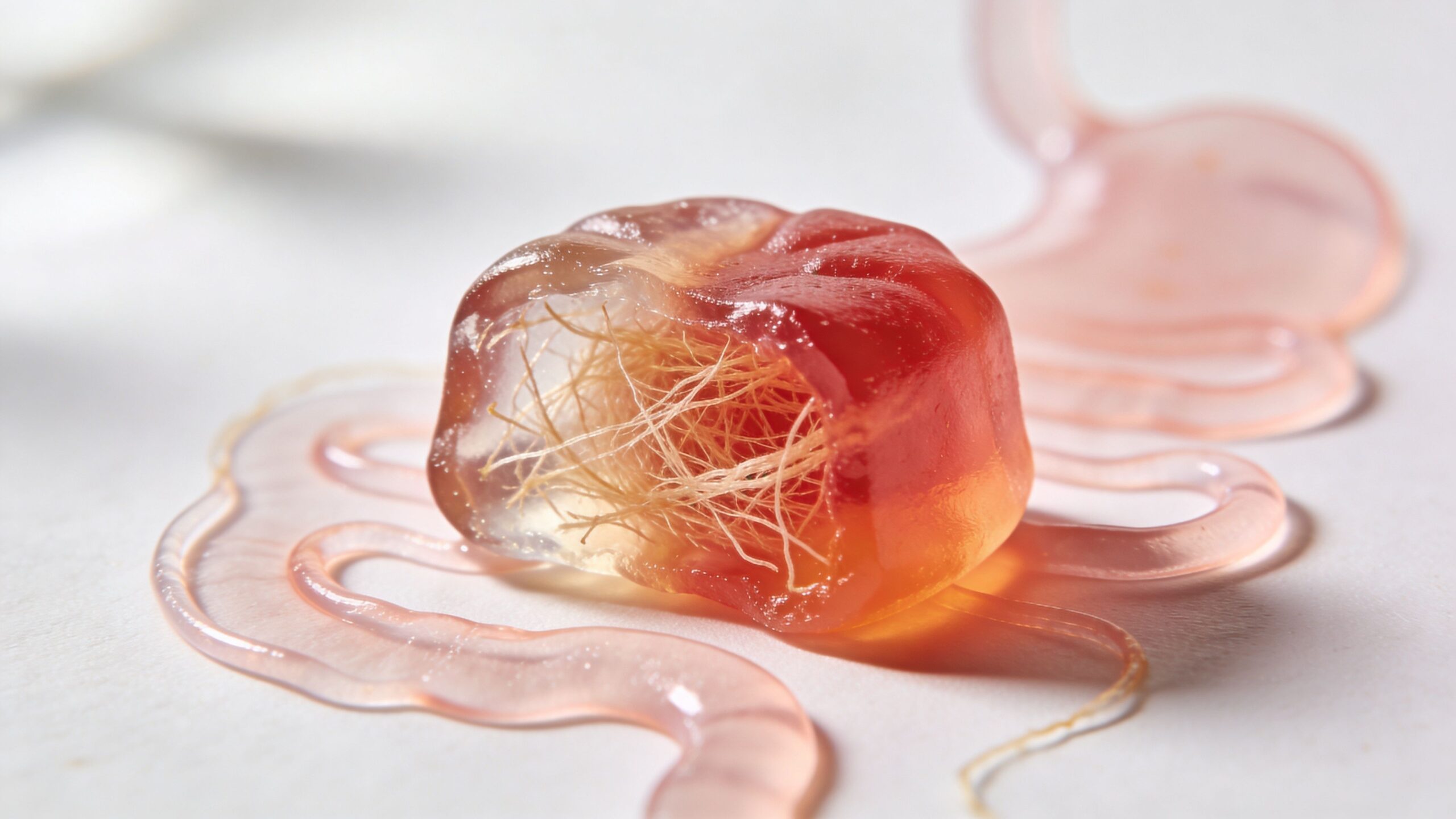 A translucent gummy treat containing fibrous strands, sitting on a table with a trailing gel-like substance.