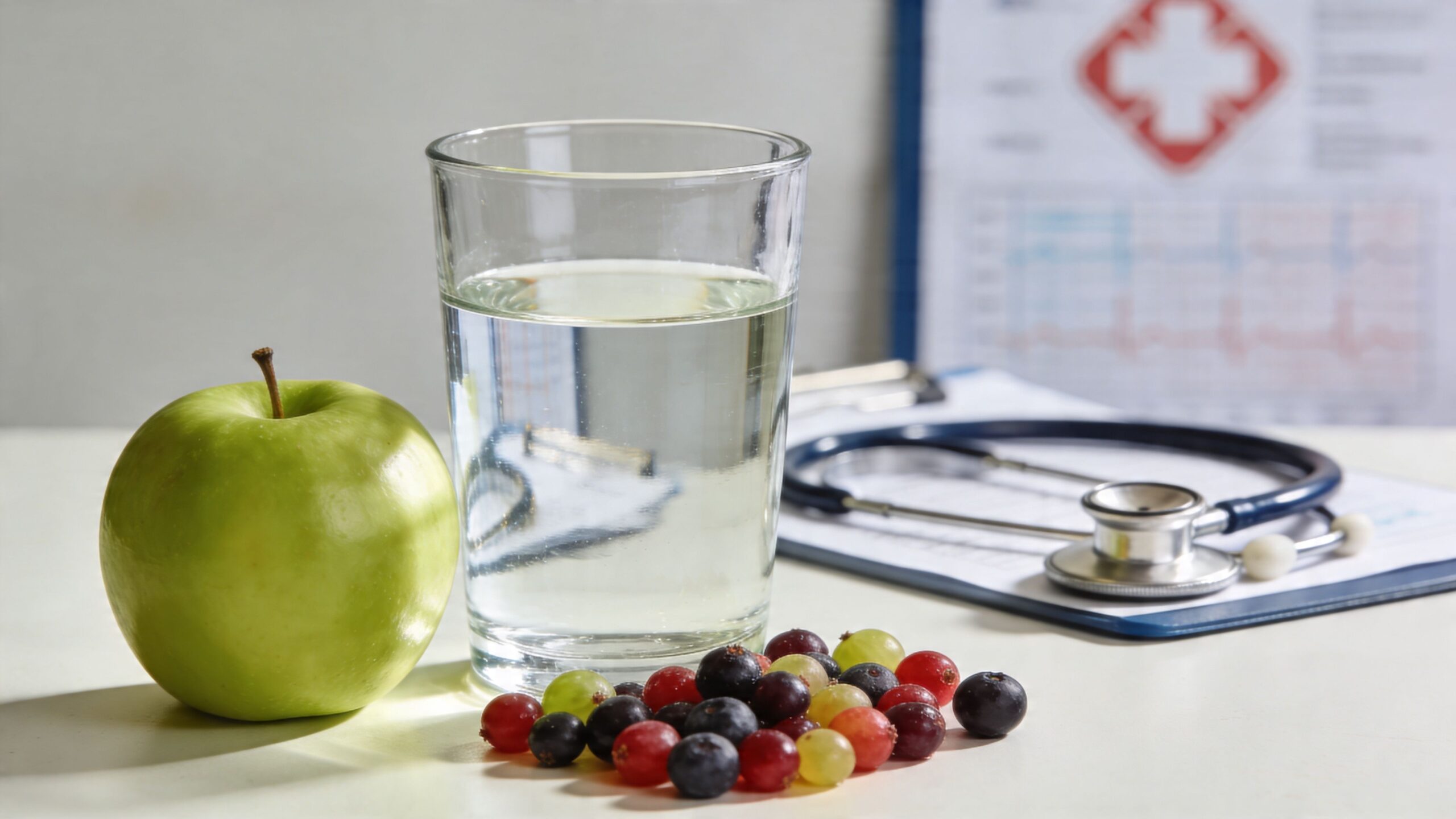 A fresh green apple, a glass of water, and mixed berries placed near a medical stethoscope and chart.