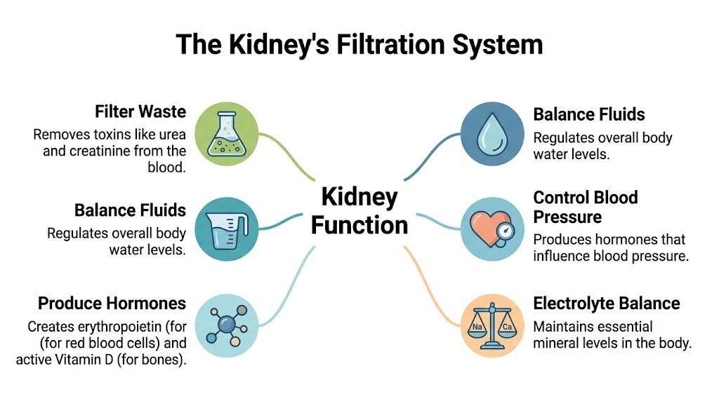 A diagram illustrating the essential functions of the kidneys including filtration, fluid balance, and hormone production.