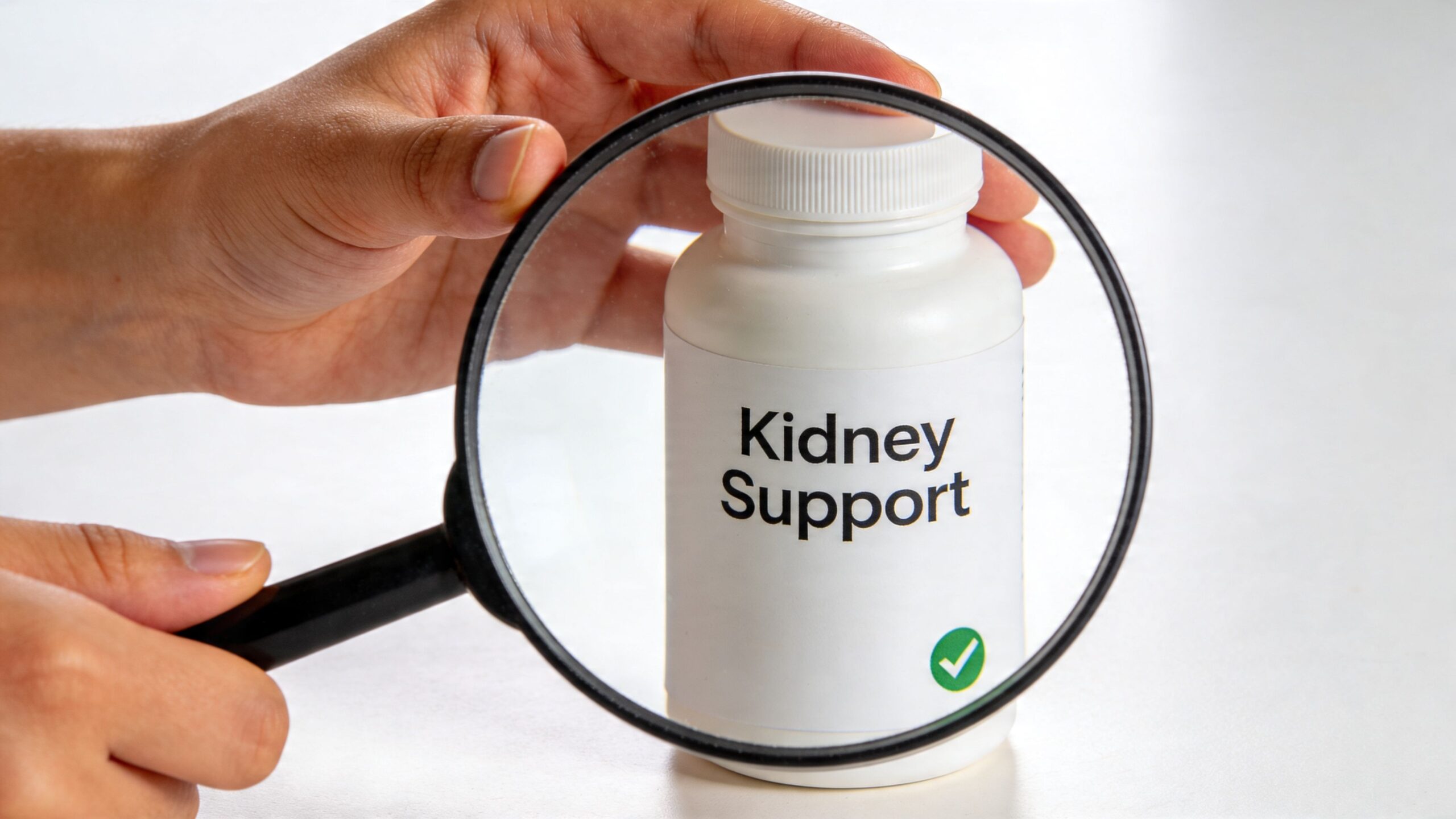 A hand holding a magnifying glass over a white pill bottle labeled Kidney Support with a checkmark.