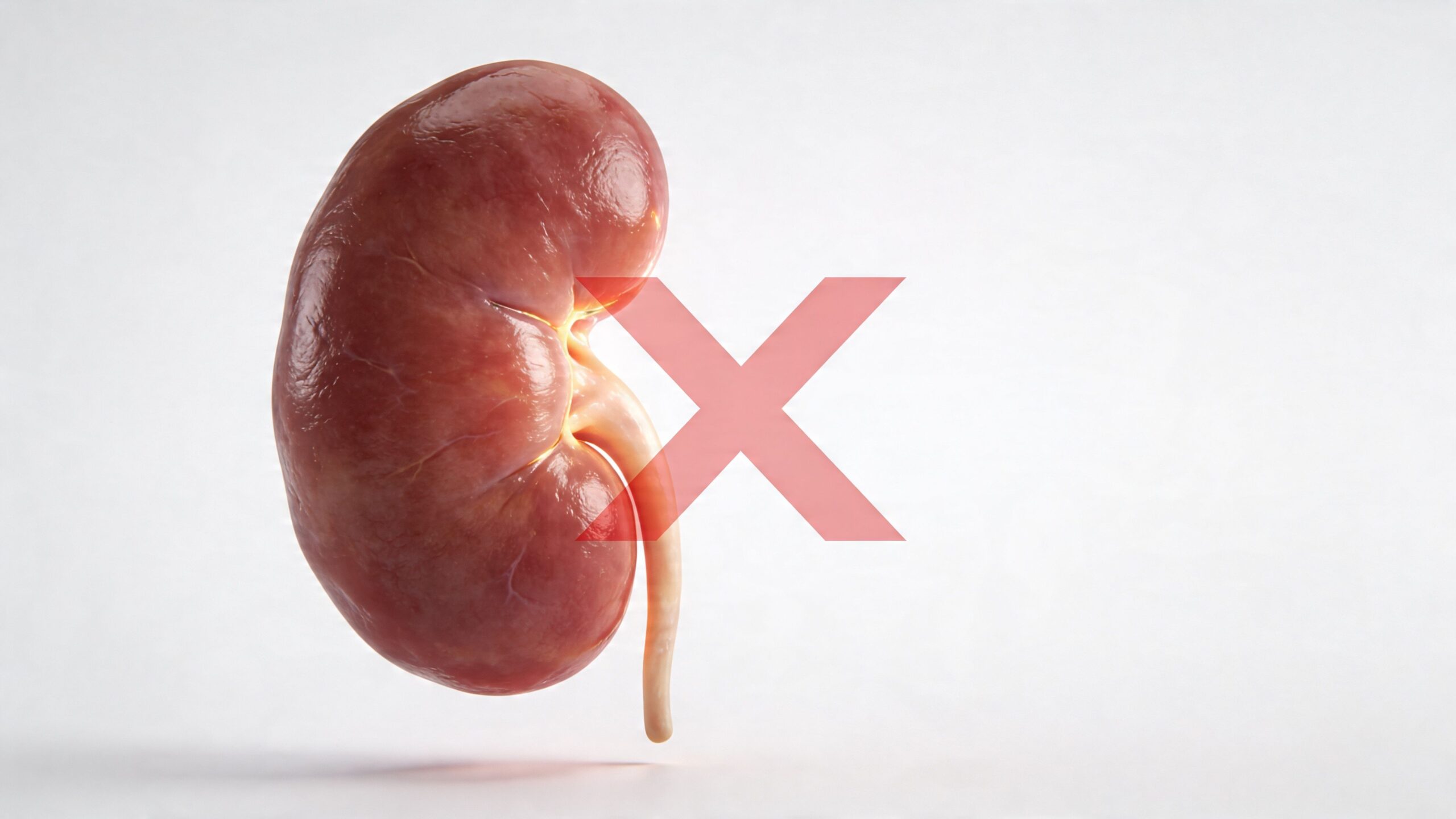 A 3D render of a human kidney with a large red X overlaid, symbolizing health issues or warnings.