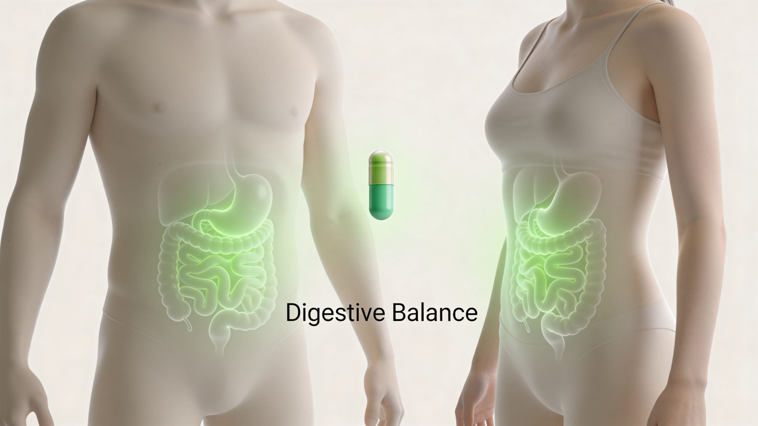 A 3D illustration showing a capsule positioned between male and female bodies highlighting their internal digestive systems.