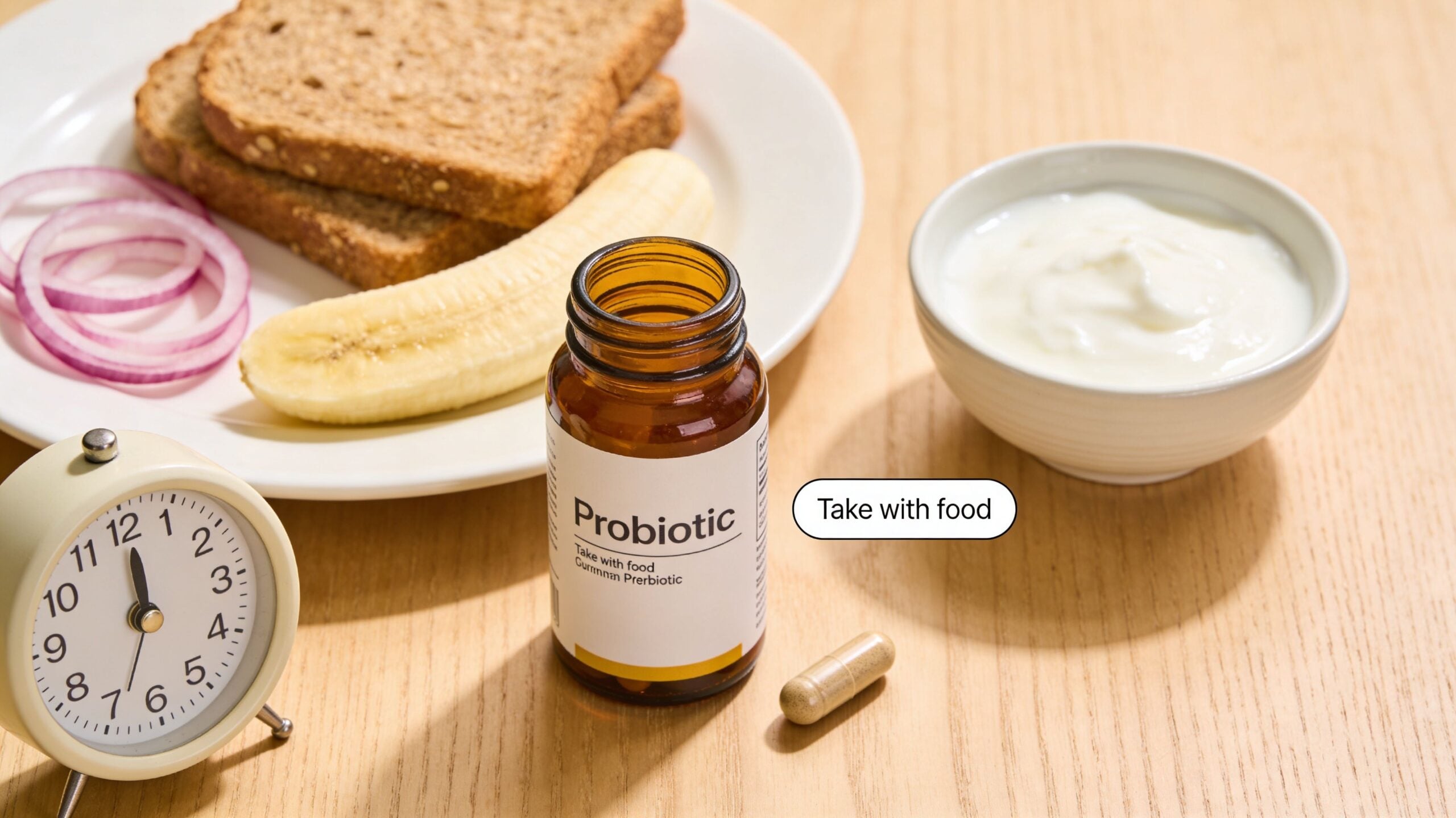 A brown bottle of probiotics, a capsule, and healthy food, including bread, onion, banana, and yogurt.