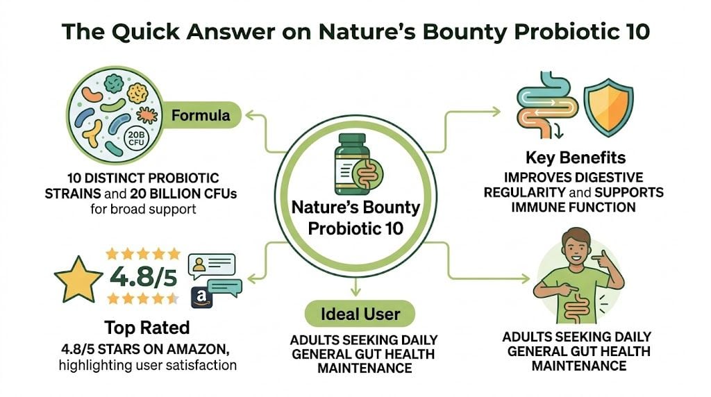 An infographic summarizing Nature's Bounty Probiotic 10 features, benefits, user ratings, and target audience for gut health.