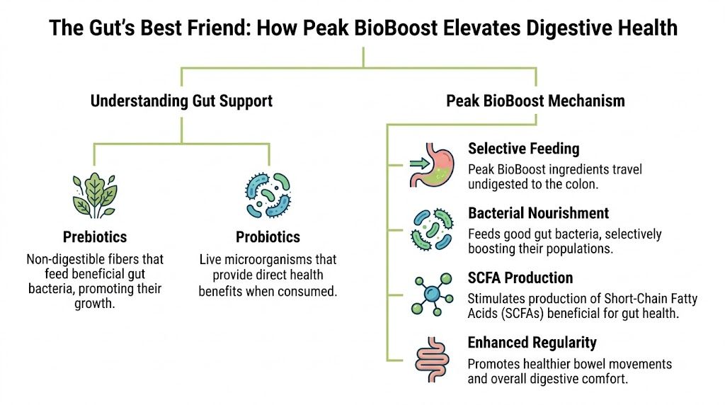 An infographic explaining how Peak BioBoost improves digestive health through prebiotics and a four-step biological mechanism.