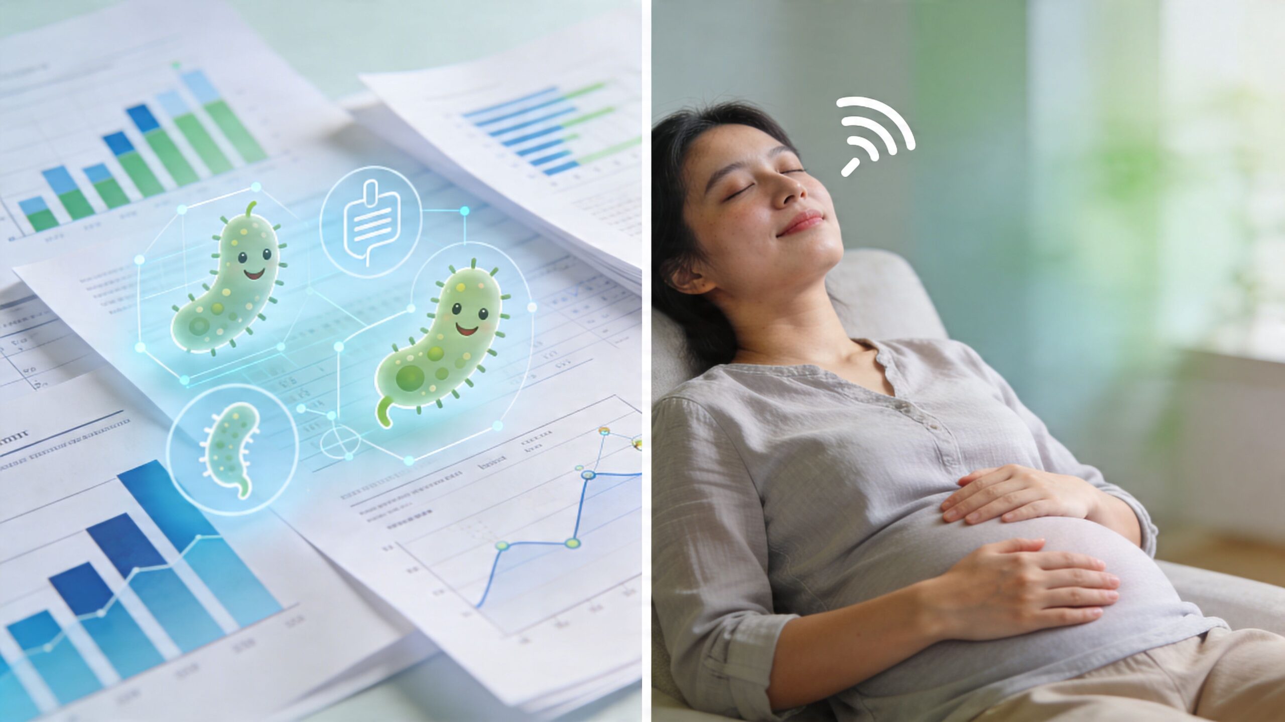 A pregnant woman resting peacefully alongside scientific charts and stylized cartoon bacteria illustrations representing digestive health.