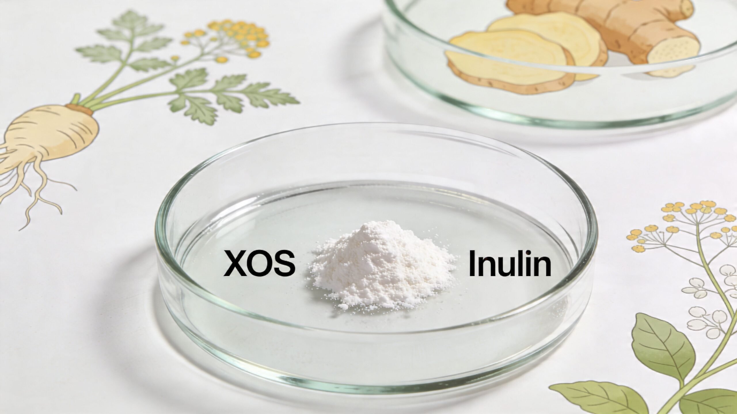 A laboratory petri dish containing white powder, labeled with XOS and Inulin, next to botanical drawings.