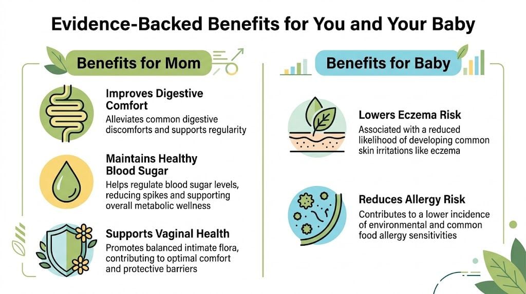 An infographic showing evidence-backed health benefits of probiotics for pregnant mothers and their developing babies.