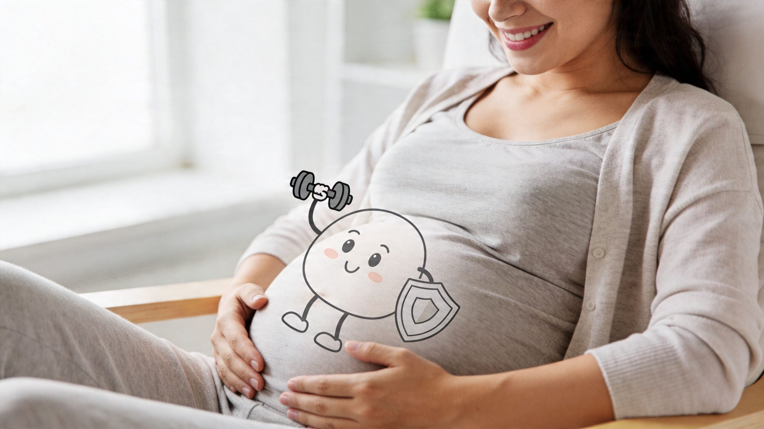A happy pregnant woman holding her belly, featuring a cartoon illustration of a strong probiotic character.