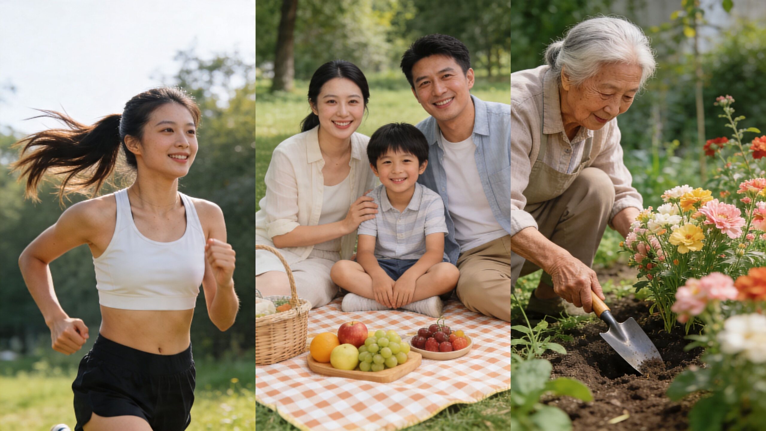A collage showing a young woman jogging, a happy family having a picnic, and an elderly woman gardening.