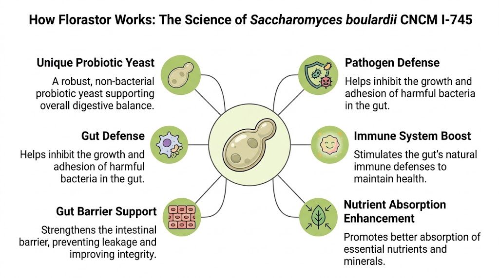 An infographic explaining the benefits of Florastor Saccharomyces boulardii for digestive health and gut support.