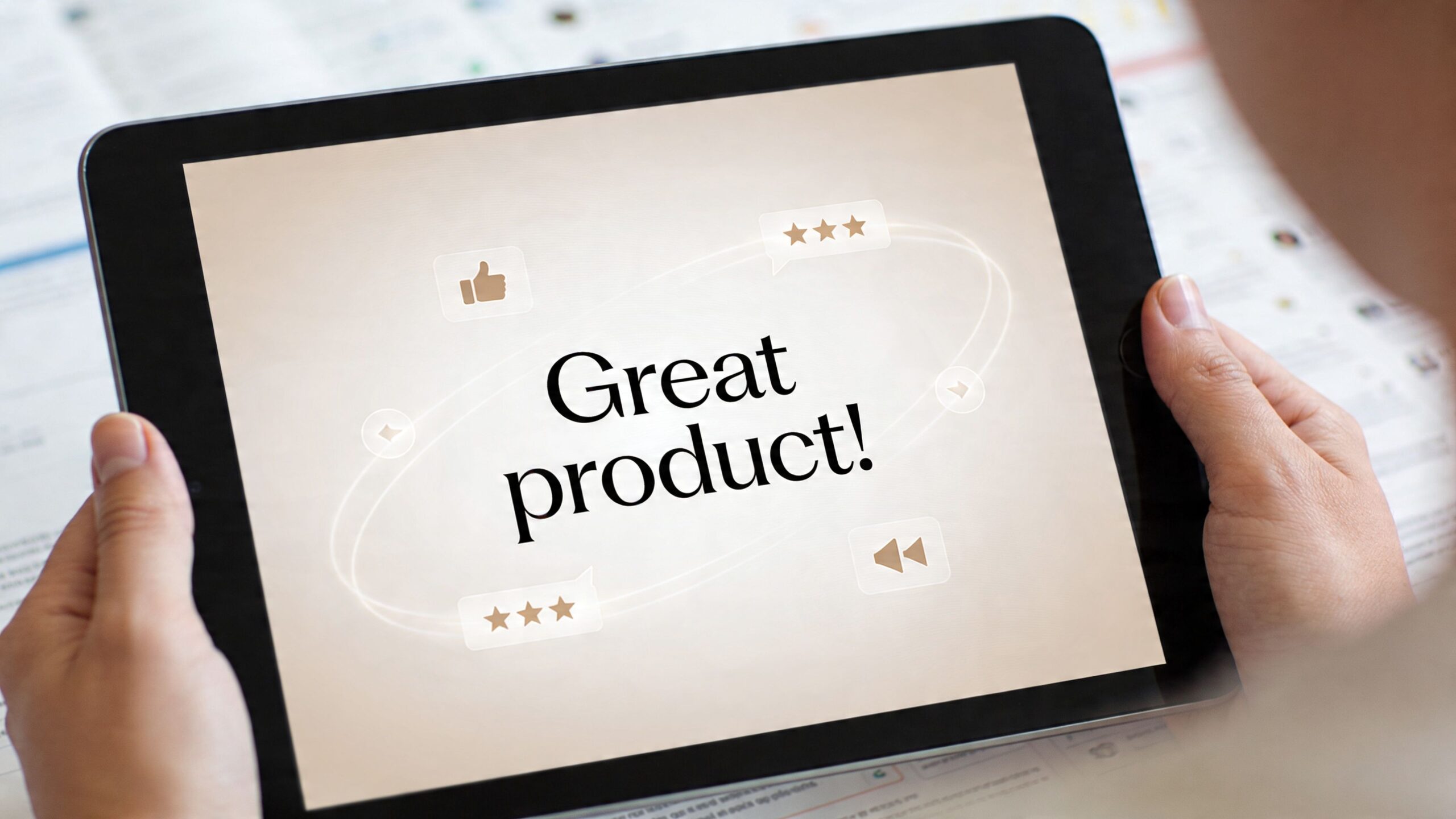 A person holding a digital tablet displaying a positive review with a thumb icon and three stars.