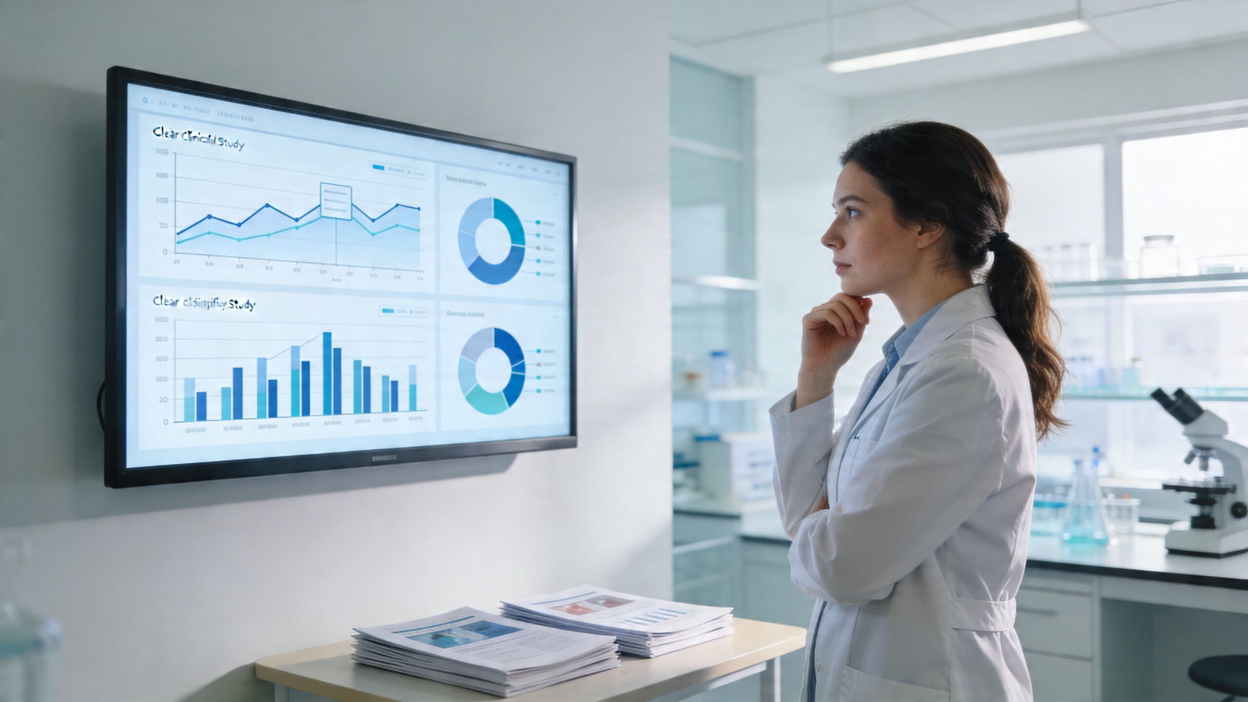 A scientist in a white coat looks thoughtfully at data graphs on a wall-mounted monitor in a laboratory.