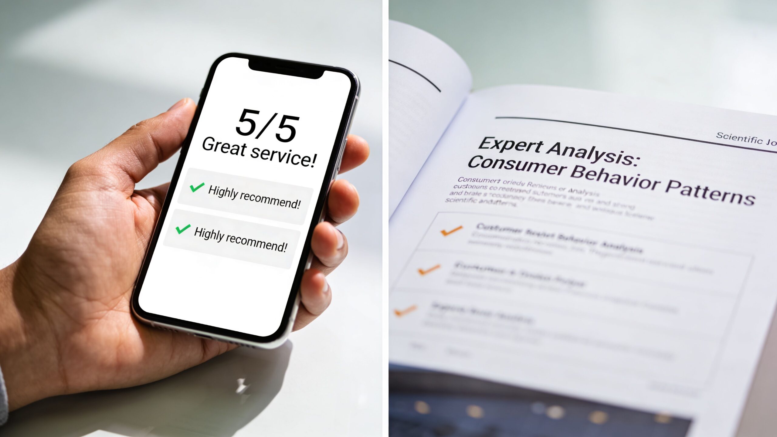 A hand holds a smartphone displaying a 5-star service rating next to a page featuring consumer behavior analysis.