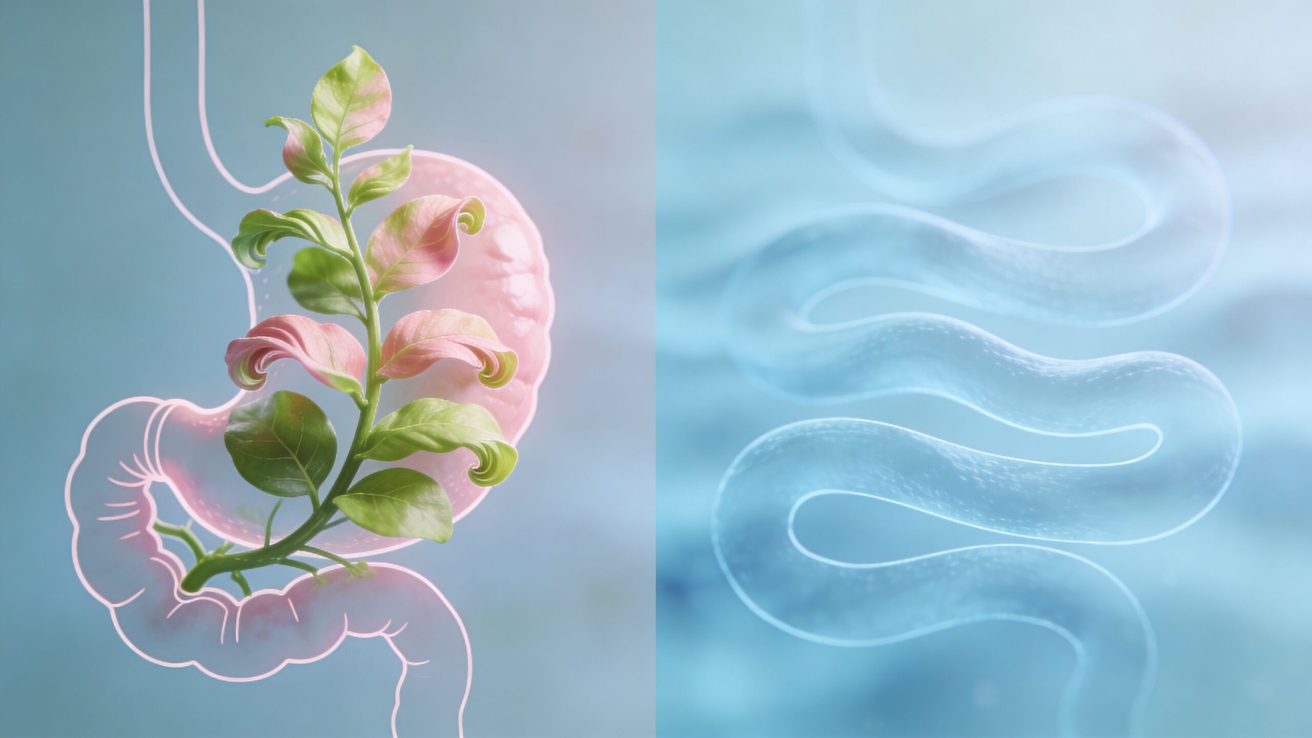 A digital illustration showing a human stomach containing a plant and a separate intestinal tract visualization.