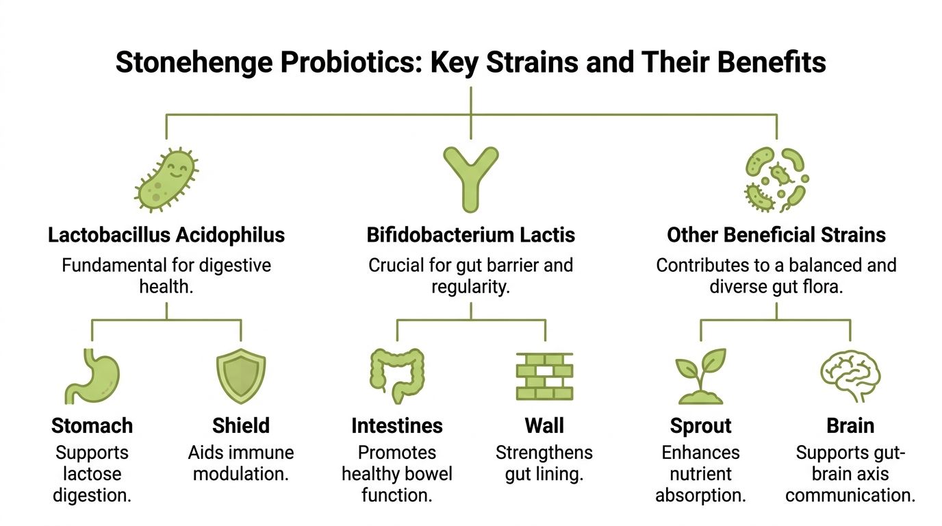 A diagram illustrating the key probiotic strains found in Stonehenge Probiotics and their specific health benefits.