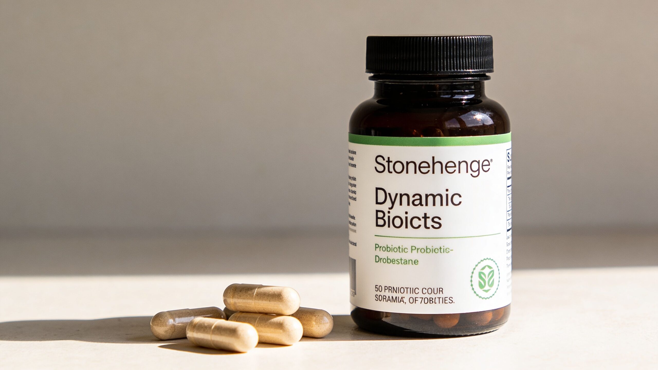 A brown pill bottle labeled Stonehenge Dynamic Bioicts next to several beige probiotic capsules on a surface.
