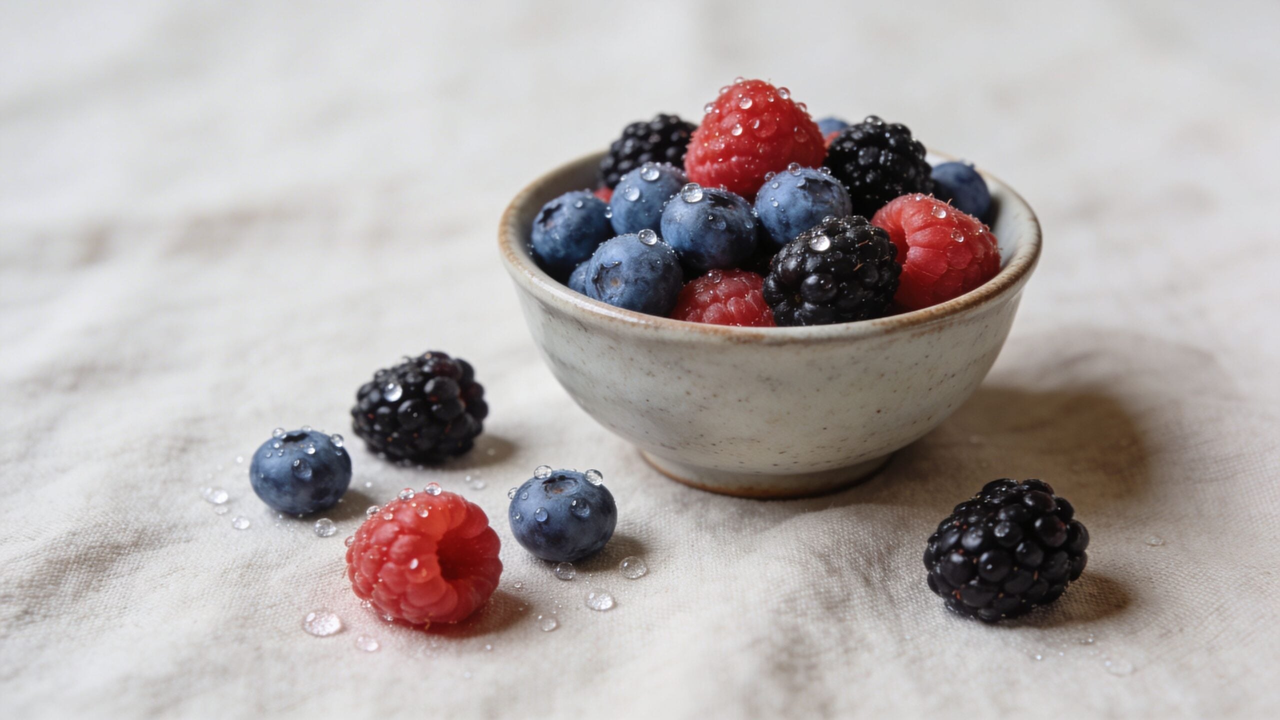 A small ceramic bowl filled with a fresh mixture of blueberries, raspberries, and blackberries on fabric.