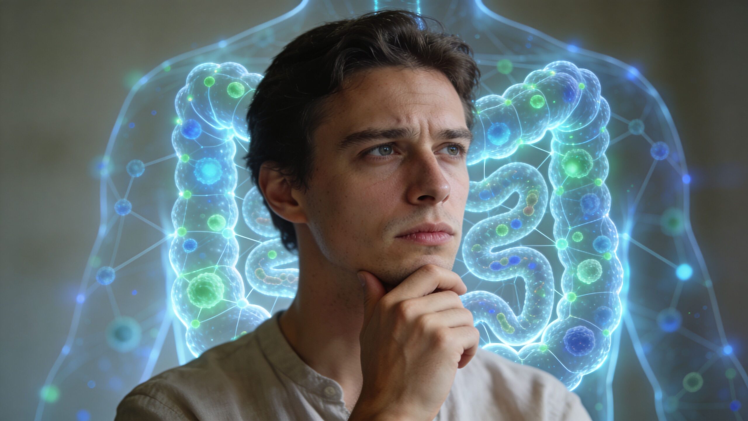 A pensive young man thoughtfully considering his digestive health with a digital hologram of the human gut.