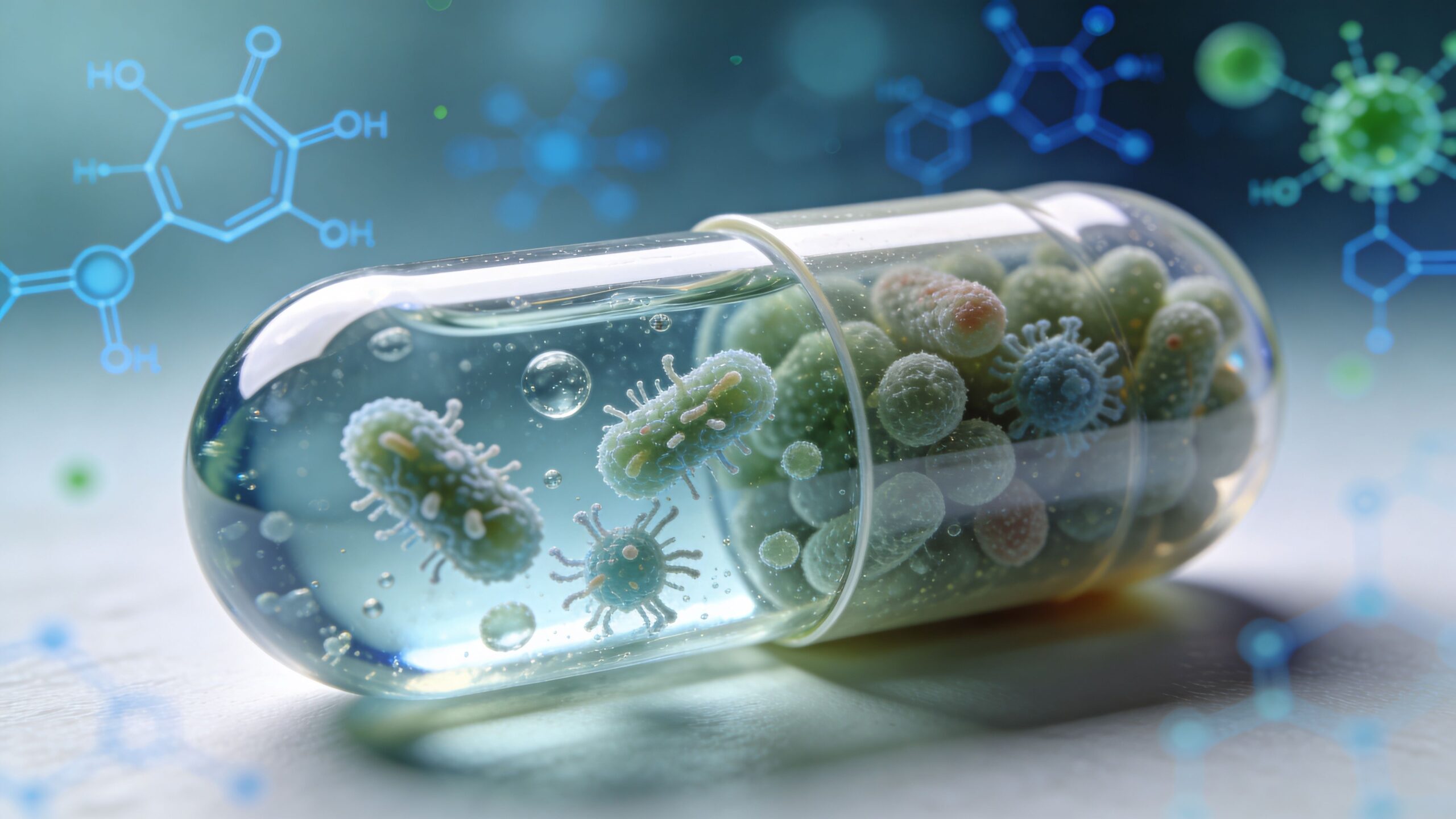 A transparent medical capsule filled with microscopic probiotics and bacterial cells against a scientific chemical background.
